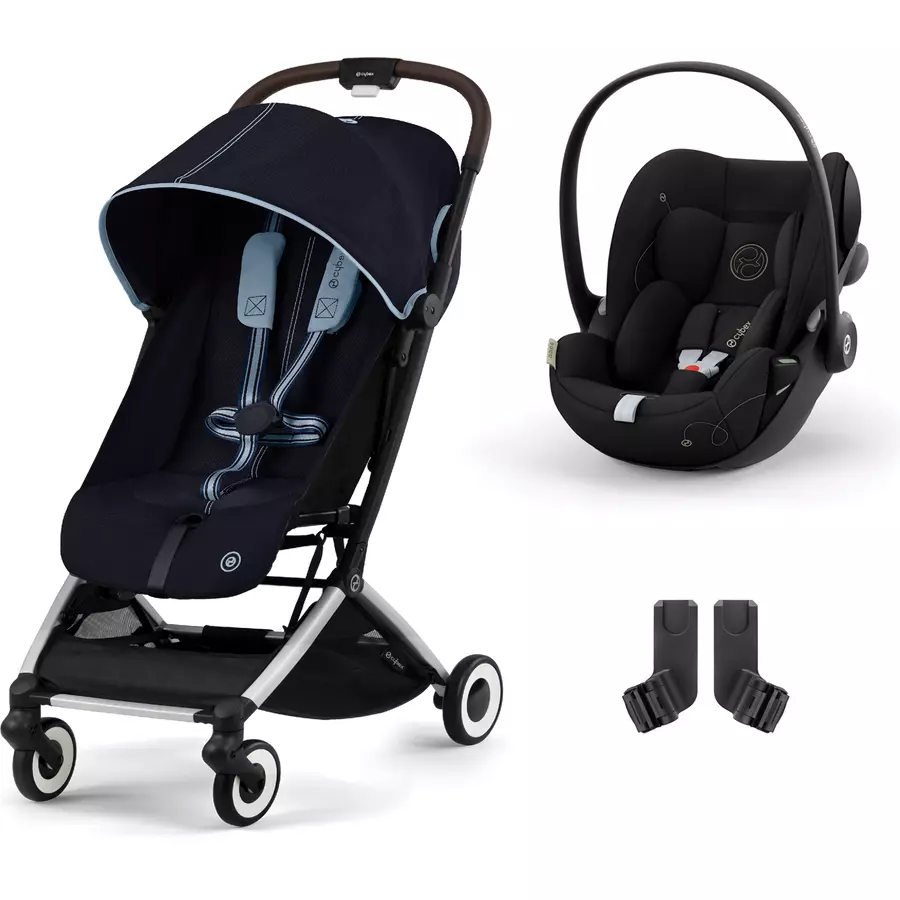 cybex GOLD Kinderwagen Orfeo Silver Ocean Blue inklusive Babyschale Cloud G i-Size Moon Black mit Babyschale und Adapter