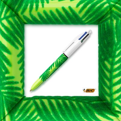 BIC 4 Couleurs - Stylo à bille 4 couleurs - 1 mm - corps texturé velours motif feuilles