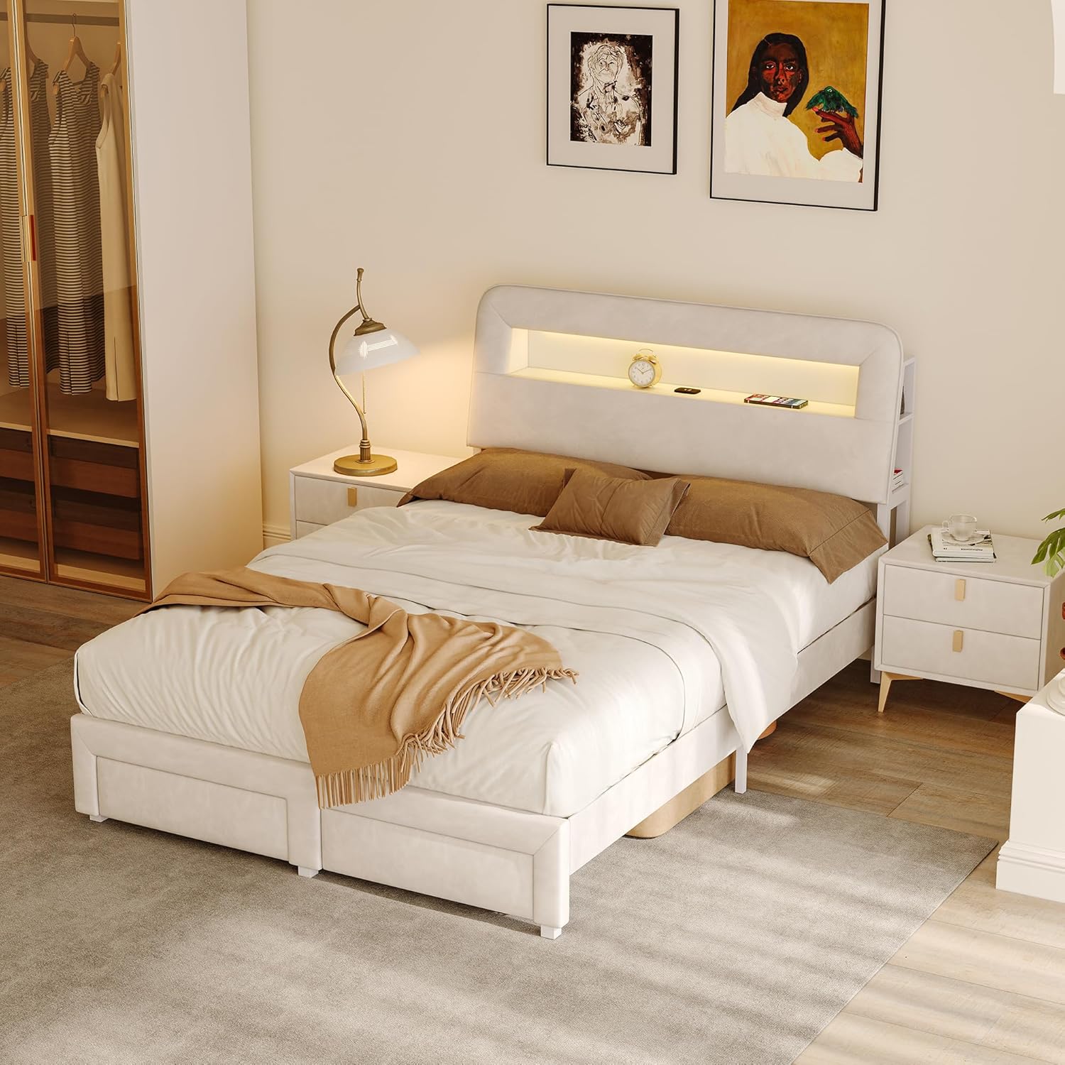 DULRLLY Bett 140x200 cm mit Stauraum, Polsterbett Doppelbett mit Schubladen, Kopfteil mit LED und USB-Anschlüssen,Jugendbett Stauraumbetten für Erwachsene und Jugendliche, Ohne Matratz