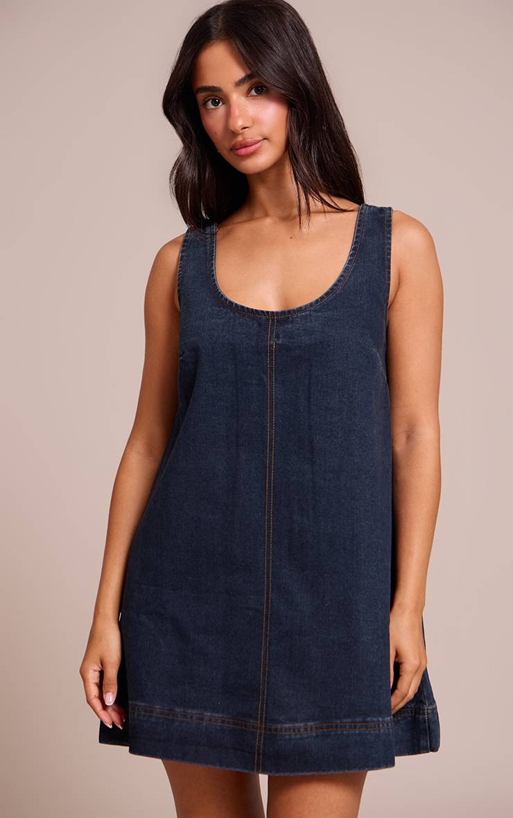 Bleu Indigo Robe Mini Évasée En Denim Sans Manches Petite