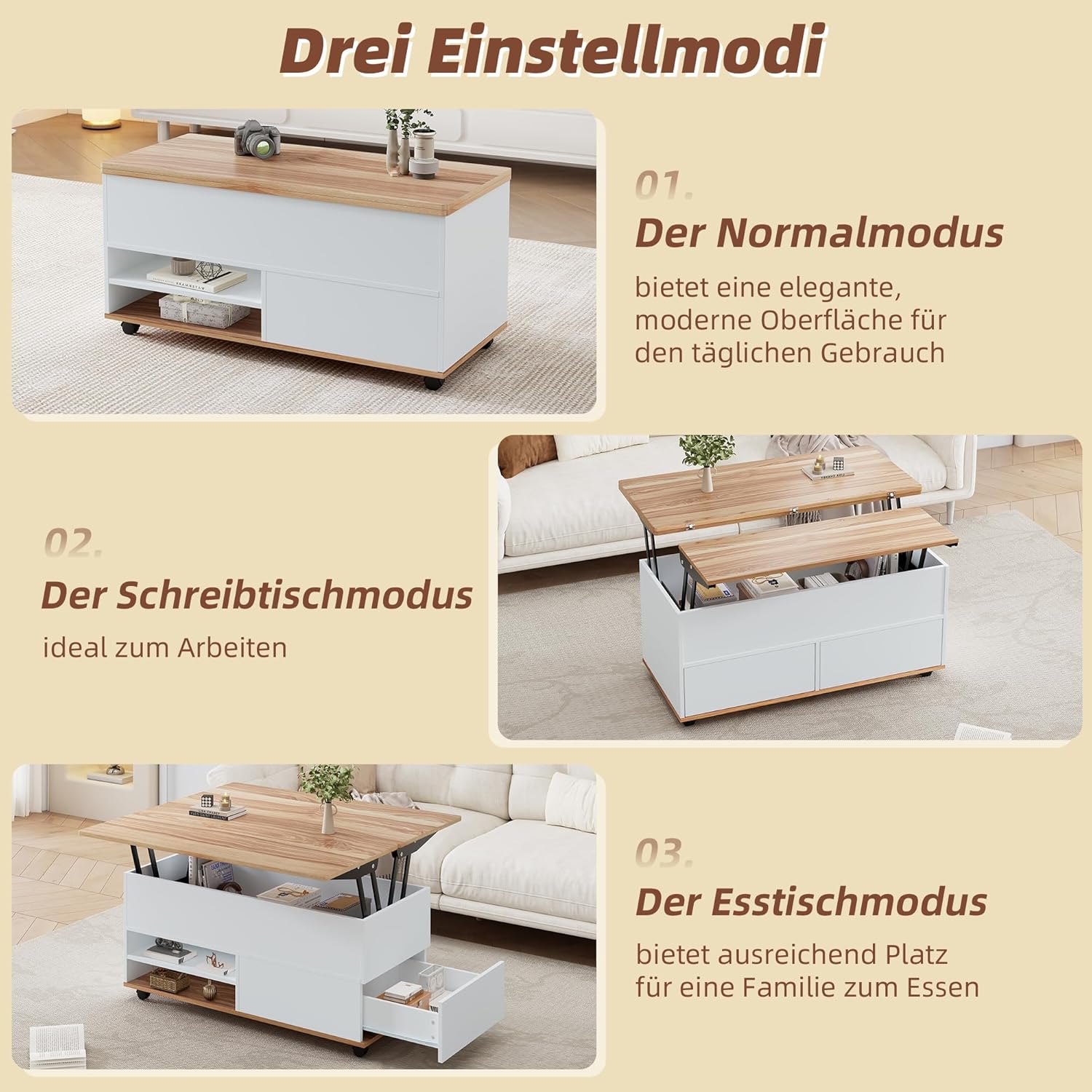 Merax Couchtisch, höhenverstellbarer Wohnzimmertisch, 3-in-1-Multifunktions-Kaffeetisch mit Verstecktem Stauraum & Schubladen & Rollen, Umwandelbar in Esstisch, Sofatisch für Büro, Weiß & Holzfarbe