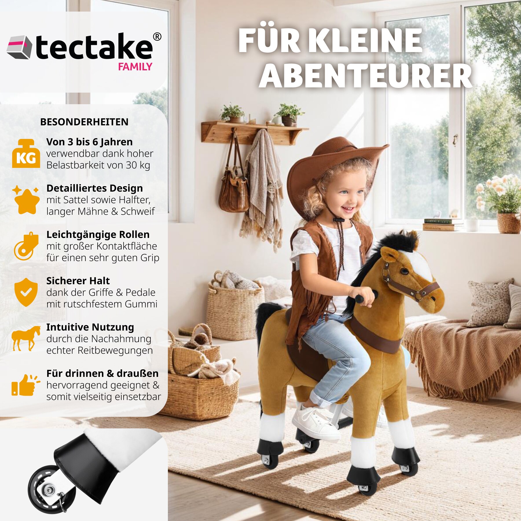 tectake® Schaukelpferd auf Rollen, verschiedene Größen, realistisches Design, leichtgängig, hohe Belastbarkeit, rutschfeste Gummigriffe und -pedale