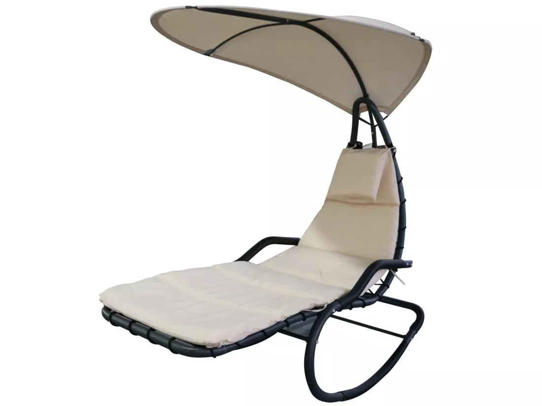 Bain de soleil transat à bascule design contemporain avec pare-soleil et matelas 1,65L x 1,25l x 1,84H m acier époxy noir polyester beige