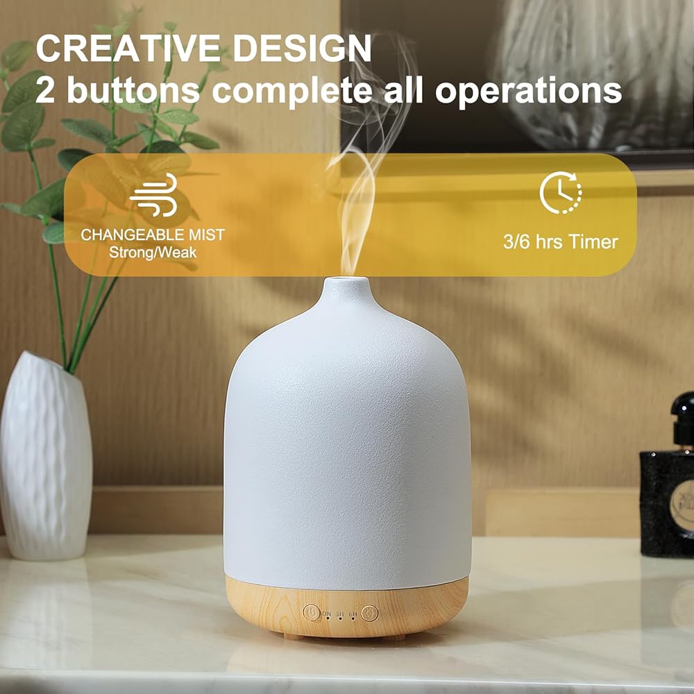Diffuseur d'huiles essentielles en céramique pour la maison, décoration de chambre à coucher, aromathérapie, diffuseur d'air, diffuseur d'air ultrasonique 250 ml avec grain de bois minuté + blanc : Hygiène et Santé