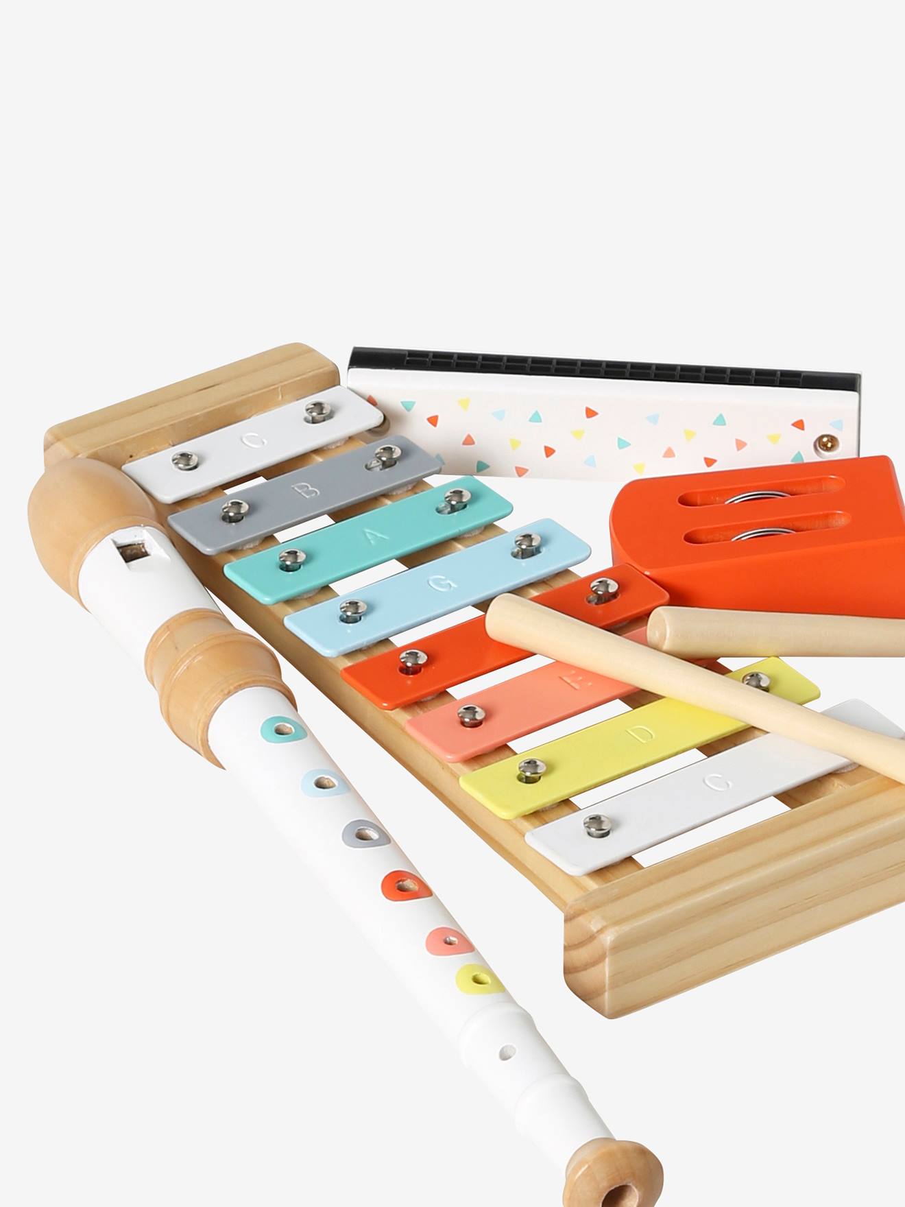 Conjunto de 4 instrumentos musicais de madeira com certificação FSC®, vermelhos.