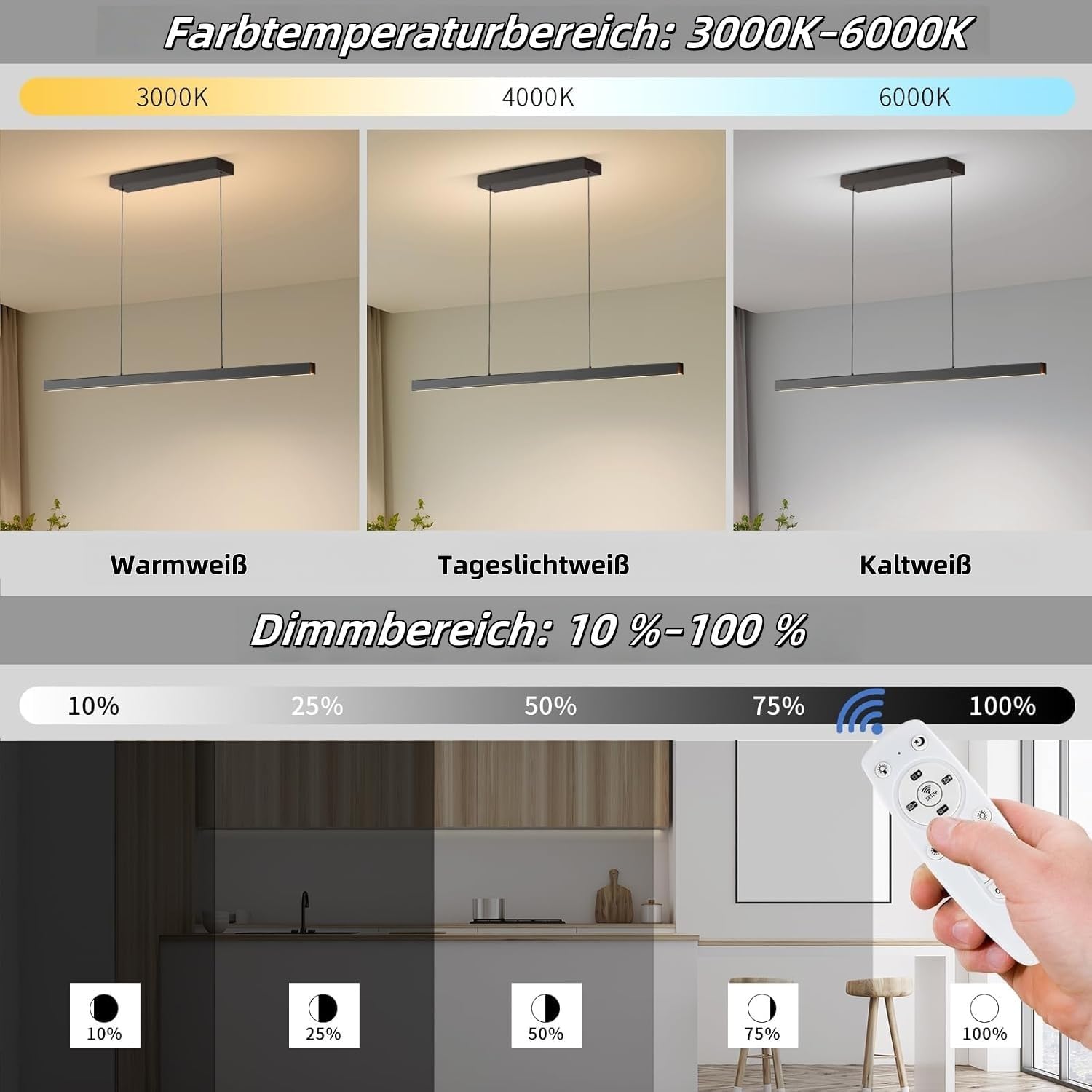 Moderne LED Esstisch Pendelleuchte, 3000K/4000K/6000K 10%–100% Farbtemperatur Linear Lampe Hängend, Dimmbar mit Fernbedienung Hängelampe für Küche, Wohnzimmer, Esszimmer, Schlafzimmer- Schwarz 120CM