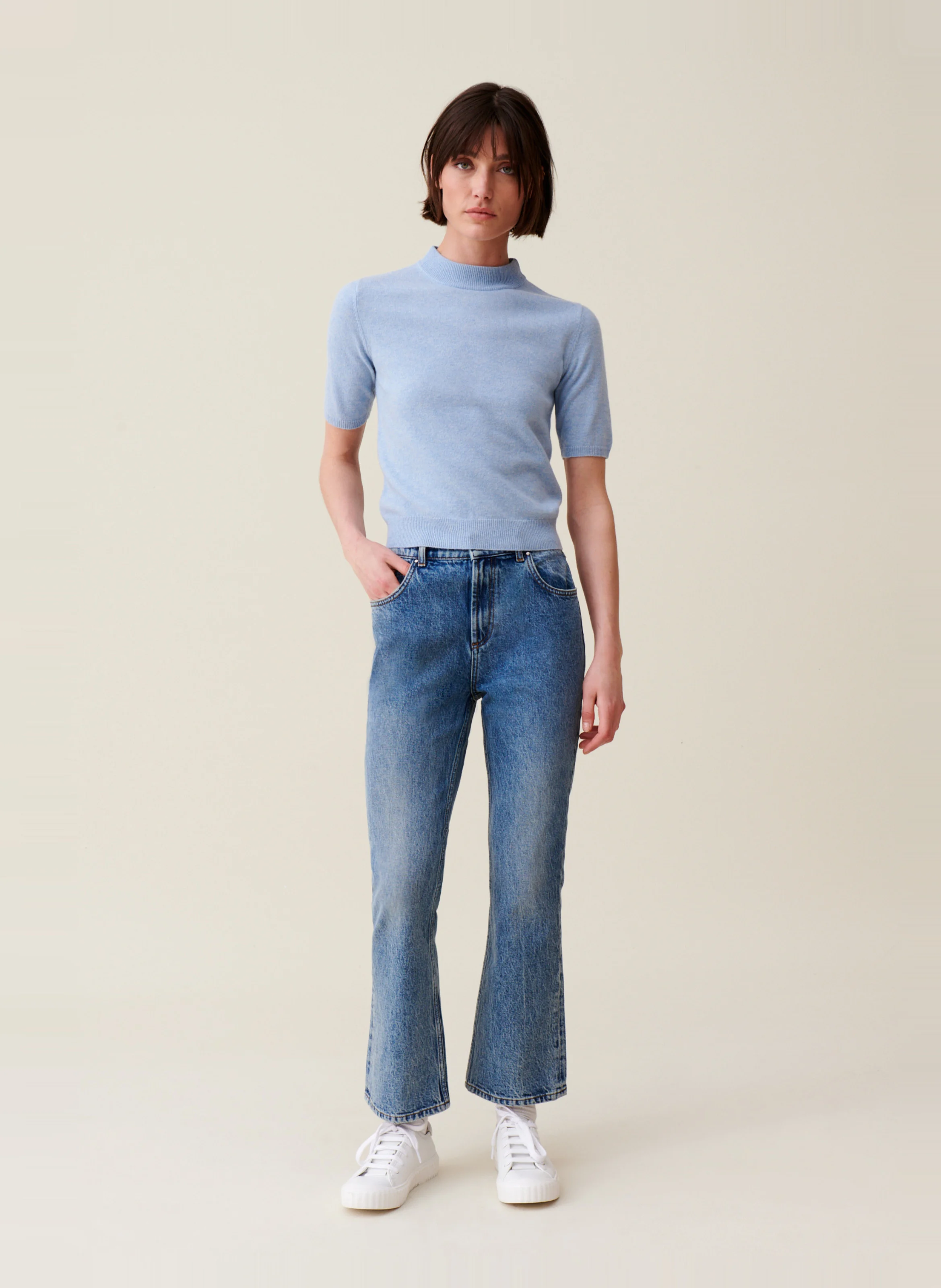 Pull manches courtes en laine | Bleu