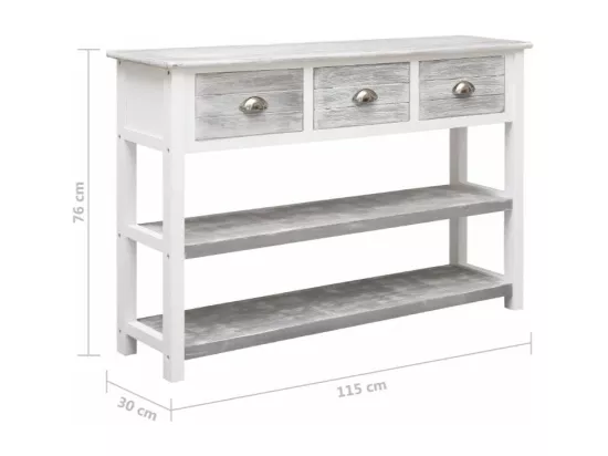 Console 3 tiroirs 2 étagères paulownia blanc et gris Amatar