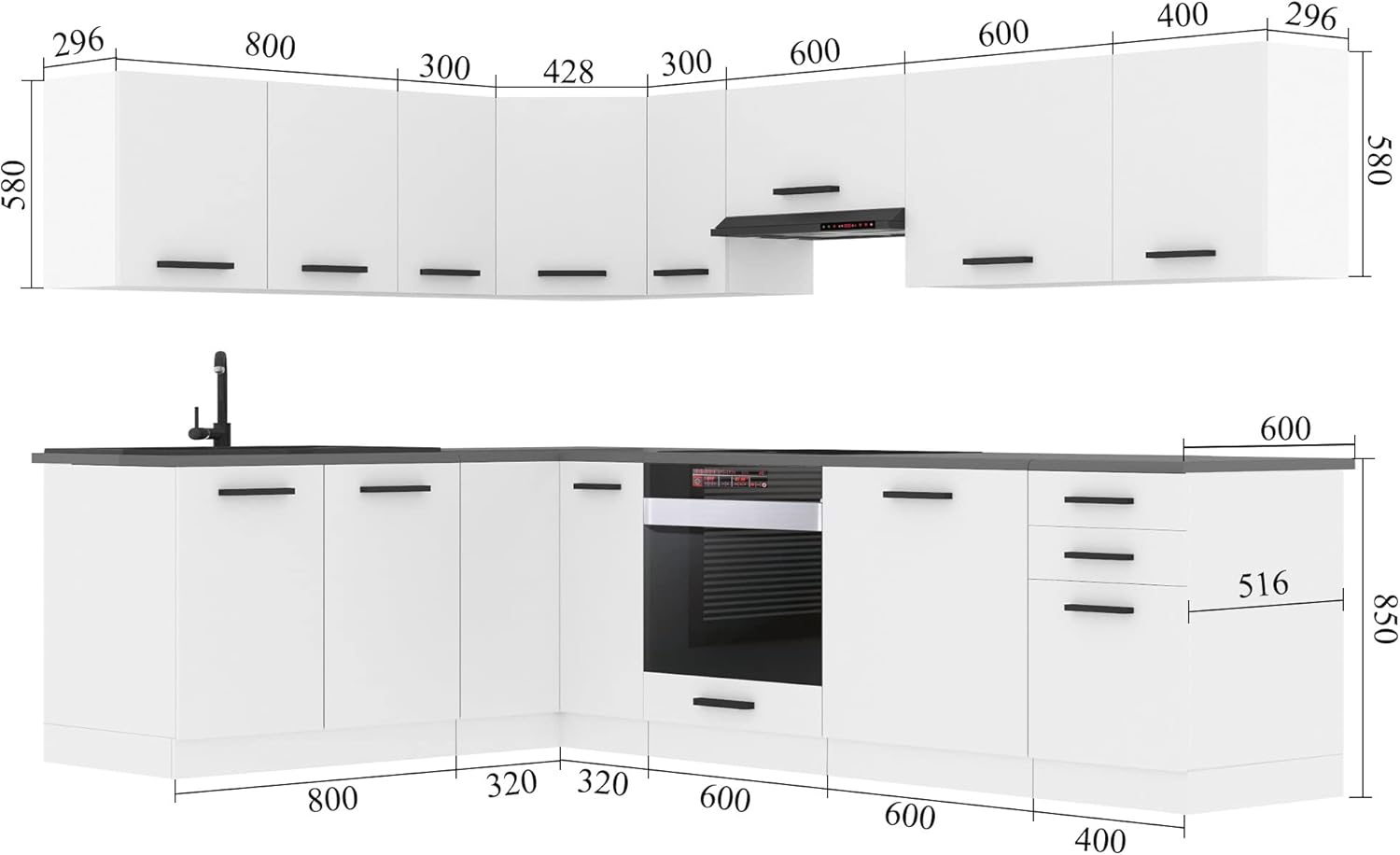 Belini Küchenzeile Küchenblock Küche L-Form Janet Küchenmöbel mit Griffe, Einbauküche ohne Elektrogeräten mit Hängeschränke und Unterschränke, mit Arbeitsplatten (Weiß Hochglanz)