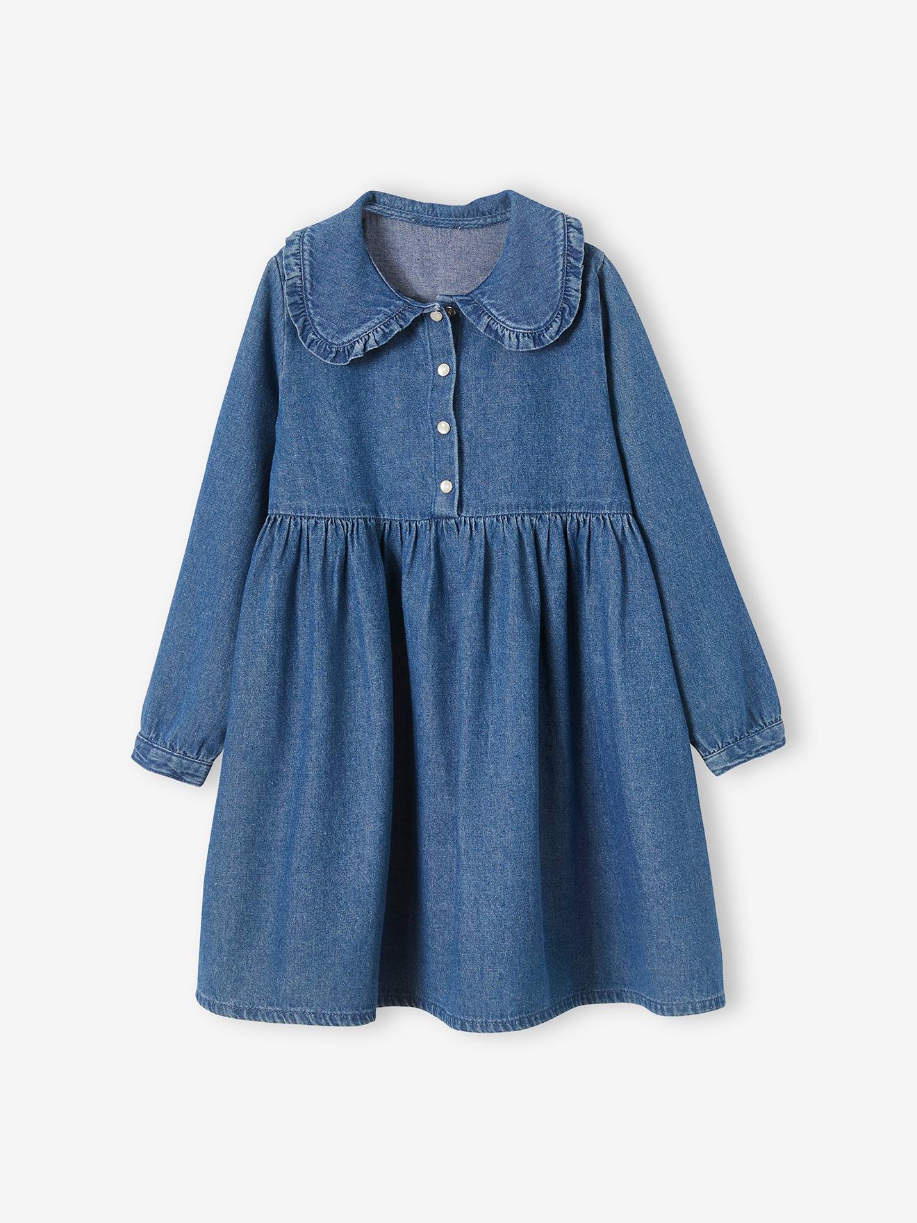 Vestido jeans azul escuro liso com gola Peter Pan para meninas