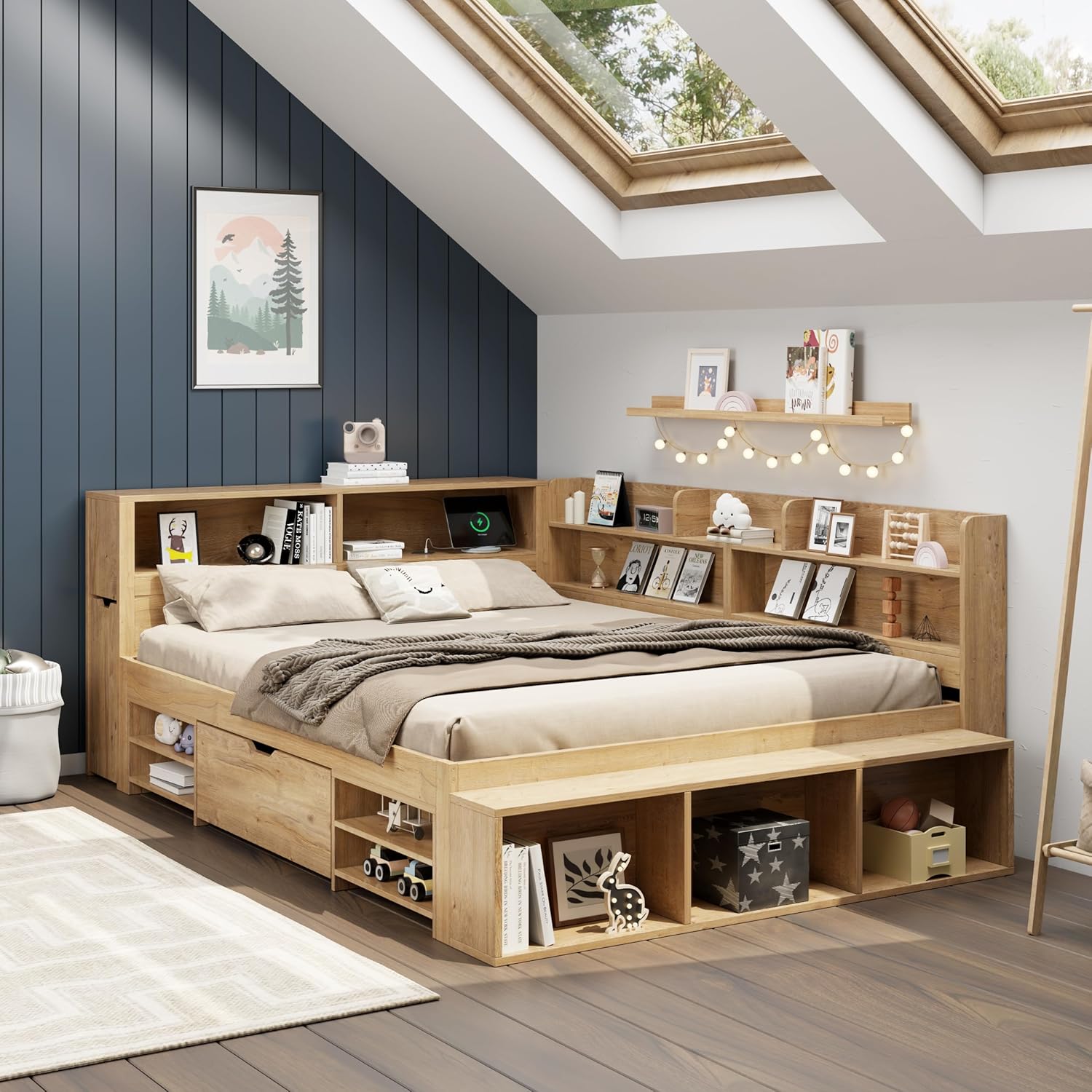Kinderbett 140x200 cm, Doppelbett, Multifunktionales Holzbett mit Schubladen, Bücherregal und Stauschrank, großer Stauraum, Lattenrost, ohne Matratze, Natur