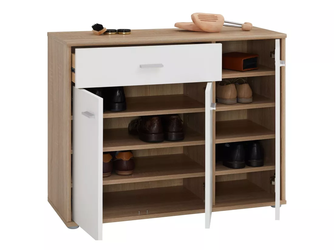 Meuble à chaussures CAMILLE, commode meuble de rangement avec 1 tiroir et 3 portes, en mélaminé décor chêne sonoma et blanc mat