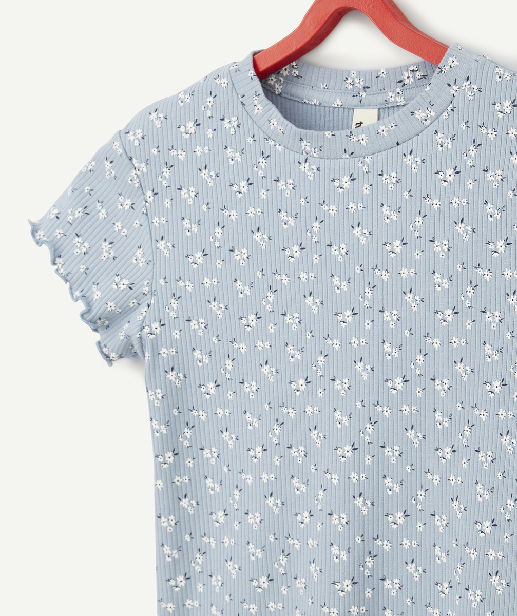T-SHIRT FILLE EN COTON BIO BLEU CÔTELÉ IMPRIMÉ FLEURI
