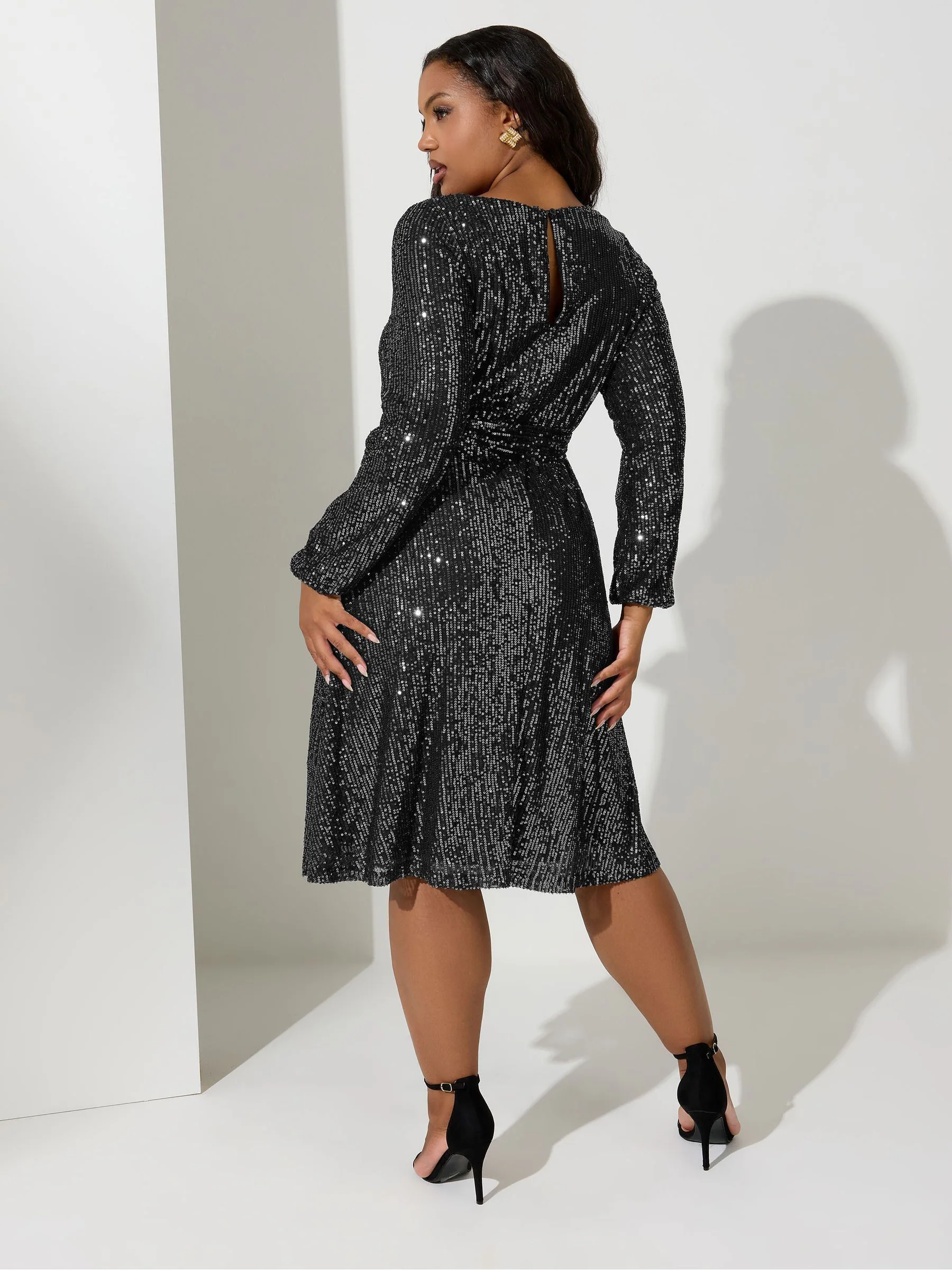 Zilver - Yours Curve London Sequin Long Sleeve Skater Midi Dress