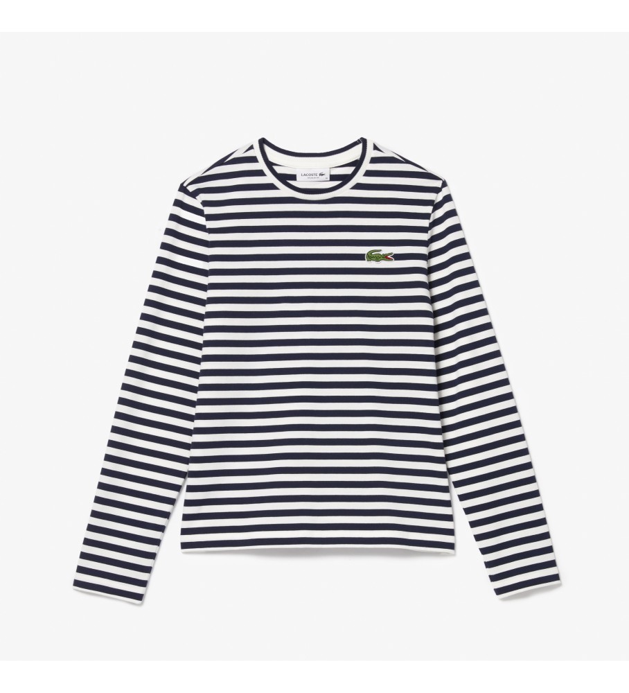 Camiseta Lacoste com logo azul-marinho e detalhes em branco.
