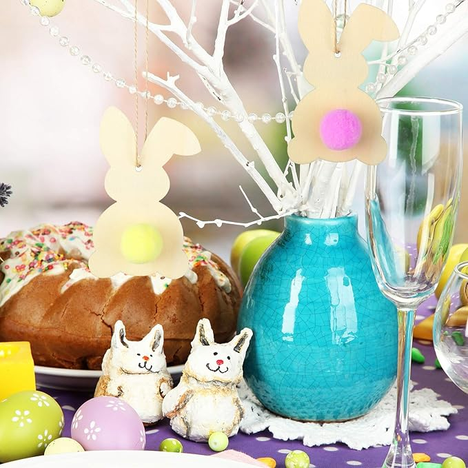 (60-tlg. Set) DIY Oster Geschenk Anhänger Bastel Home Deko Hase Holzscheiben inkl. Packschnur   Pompon's - Bunt