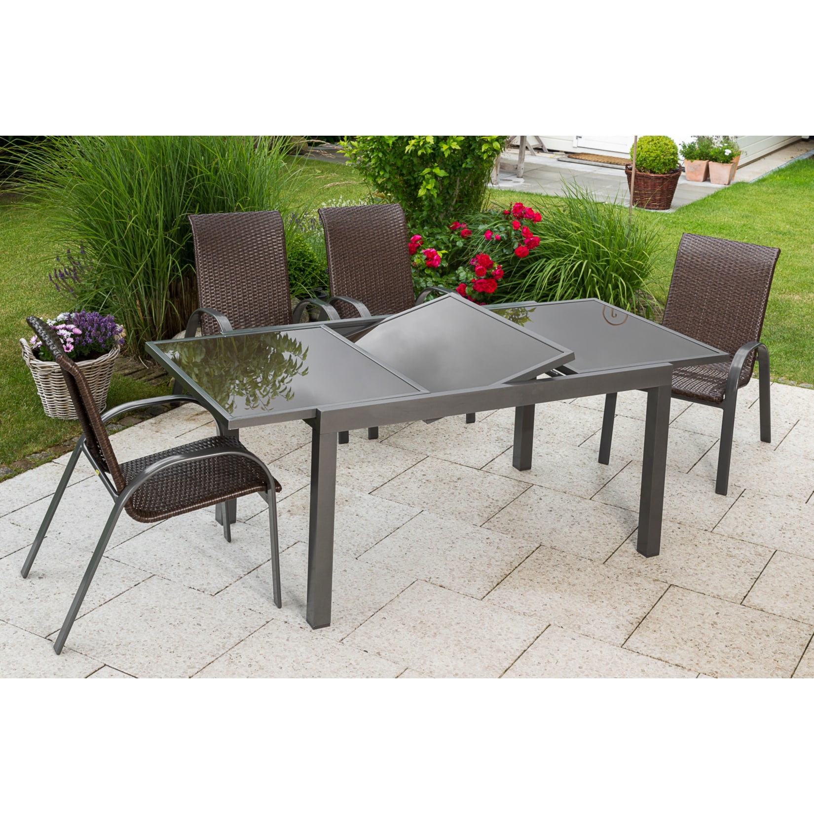 Merxx Sitzgruppe Varese 5tlg., Ausziehtisch 120 (180) x 90 cm mit 4 Stapelsesseln