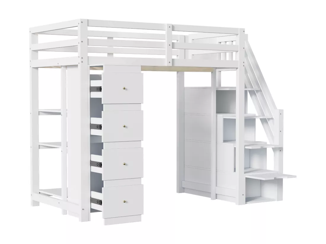 Lit mezzanine 90x200cm en bois massif - avec 4 tiroirs et escalier de rangement - Blanc (matelas non inclus)