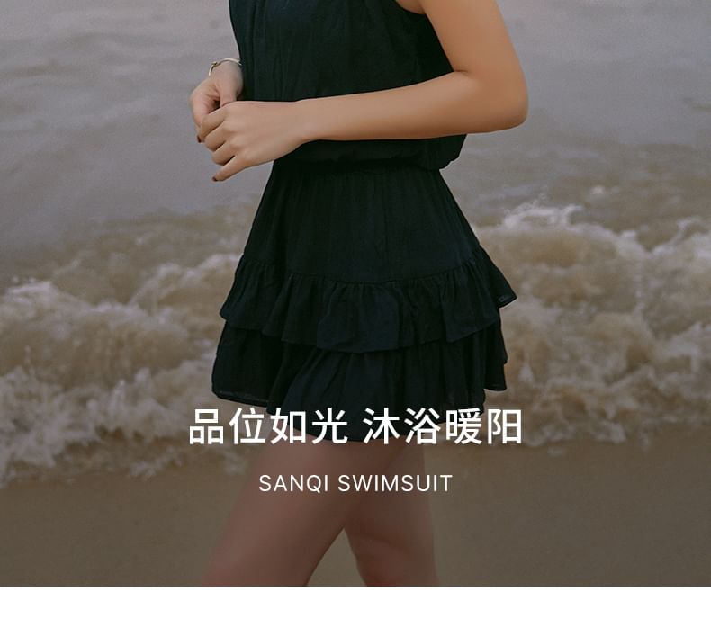 SANQI - Set: Halter-hals effen trekkoordbikini + cover-up