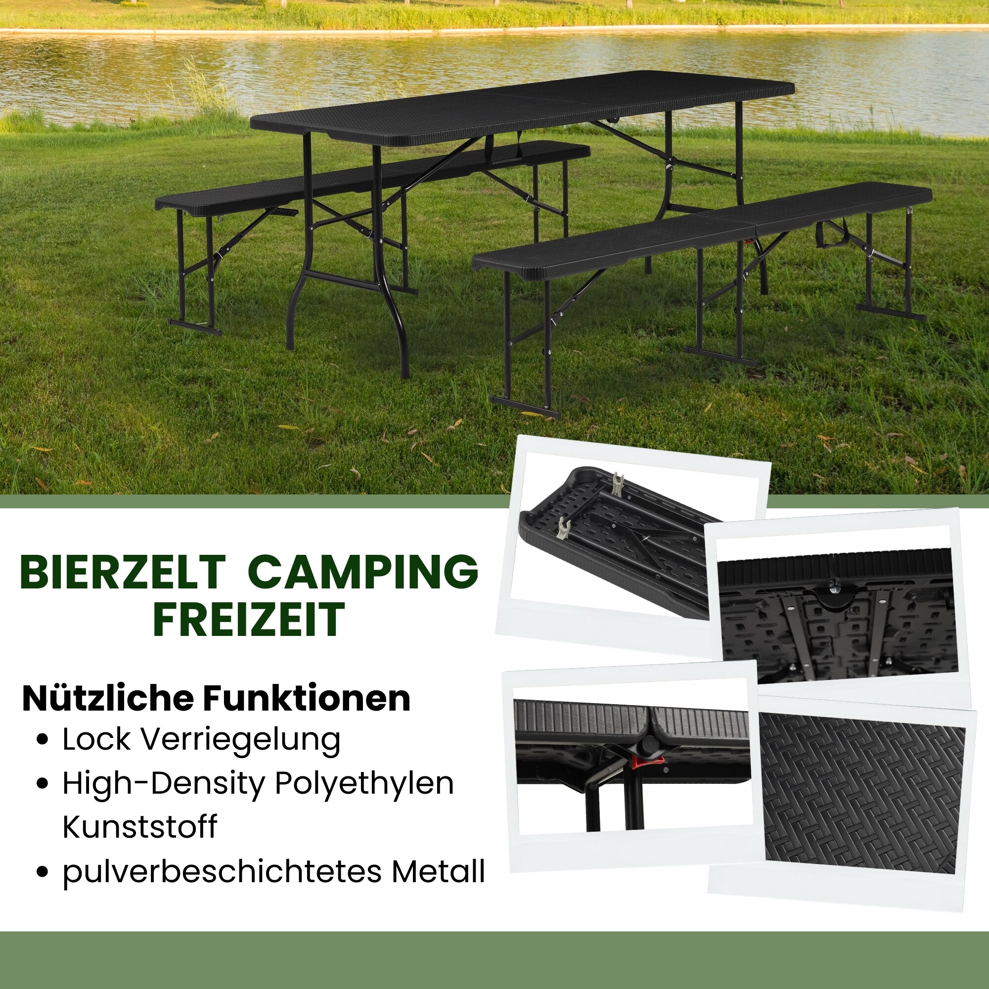 Albatros Bierzeltgarnitur Rattan – robuste Biertischgarnitur Klappbar und hohe Tragkraft – Set aus 2x Bierbank und 1x Biertisch für bis zu 10 Personen – Bierbankgarnitur