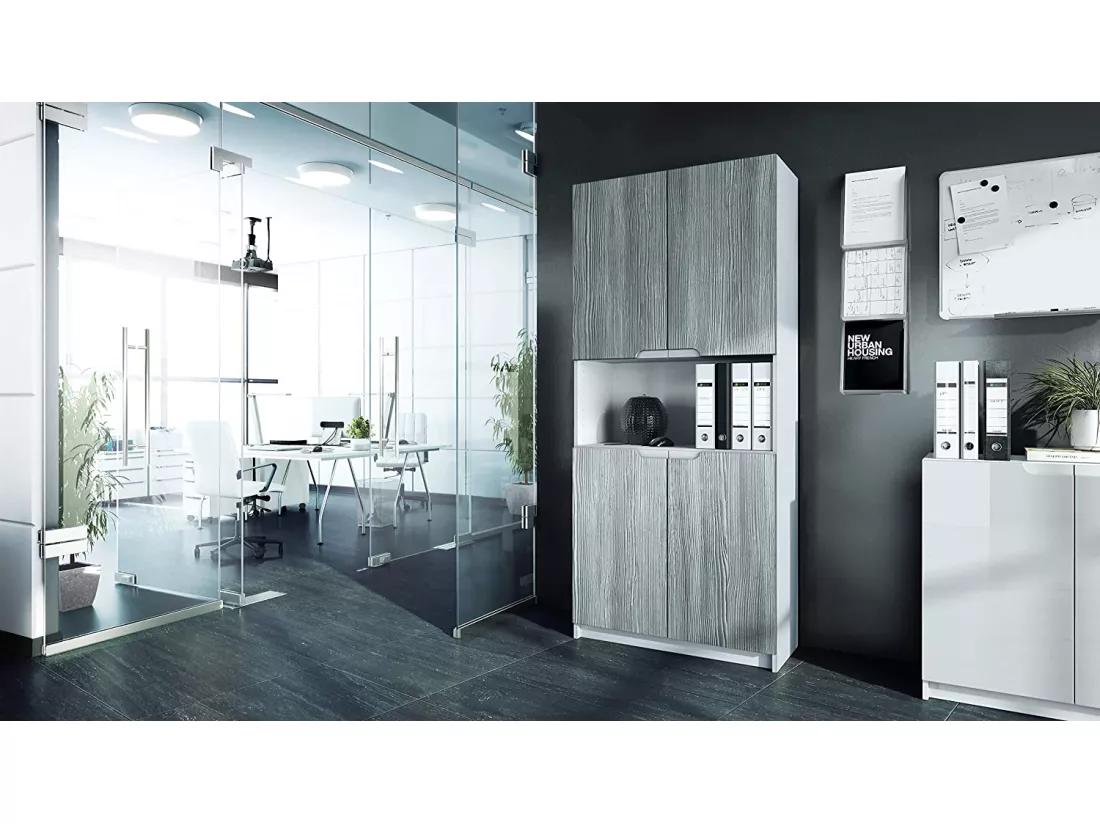Armoire de rangement avec 5 compartiments et 4 portes, blanc mat/avola-anthracite (82 x 184 x 37 cm)