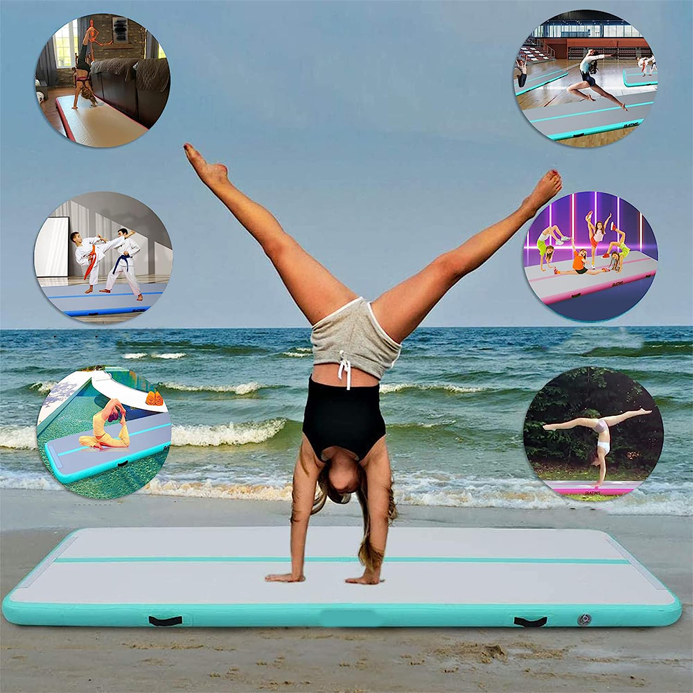 (300x100cm) Aufblasbare Fitness Yogamatte Gymnastik Matte Workout Übungsmatte mit elektrischer Luftpumpe - Grau / Türkis