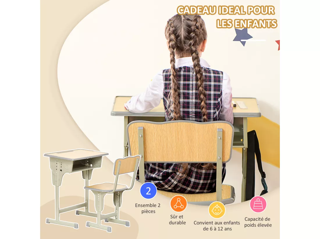 HOMCOM Bureau enfant Vintage style pupitre d'écolier - ensemble bureau et chaise réglable - case de rangement, bracket, range-stylos - acier kaki MDF aspect bois clair