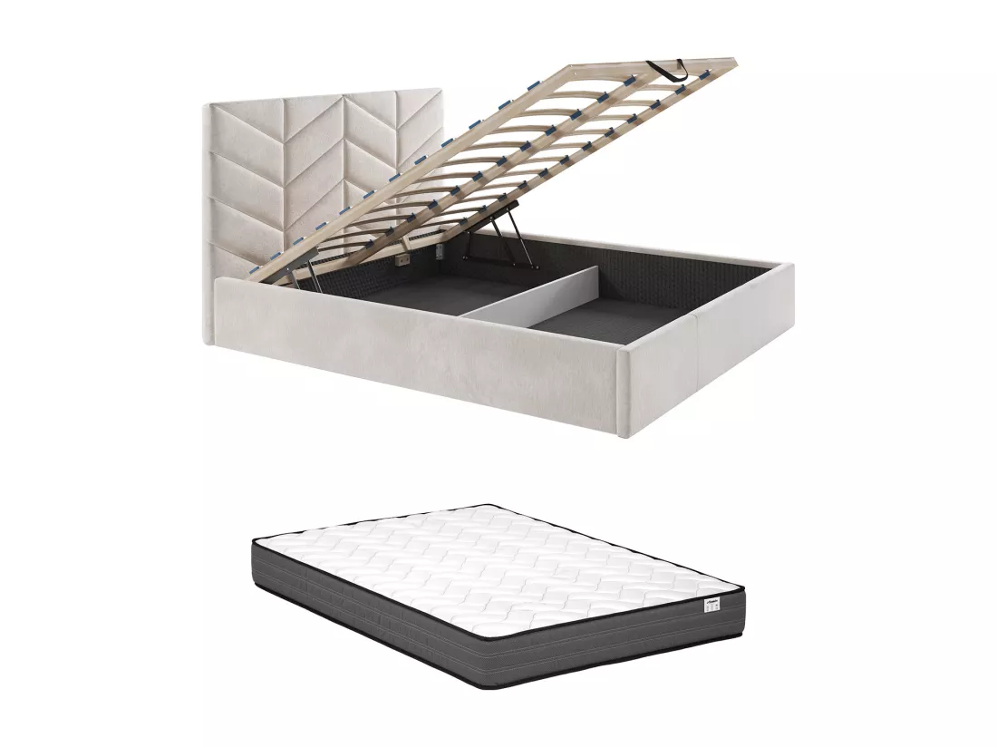 Lit coffre 180 x 200 cm - Tissu texturé - Crème + Matelas - JUSTANI