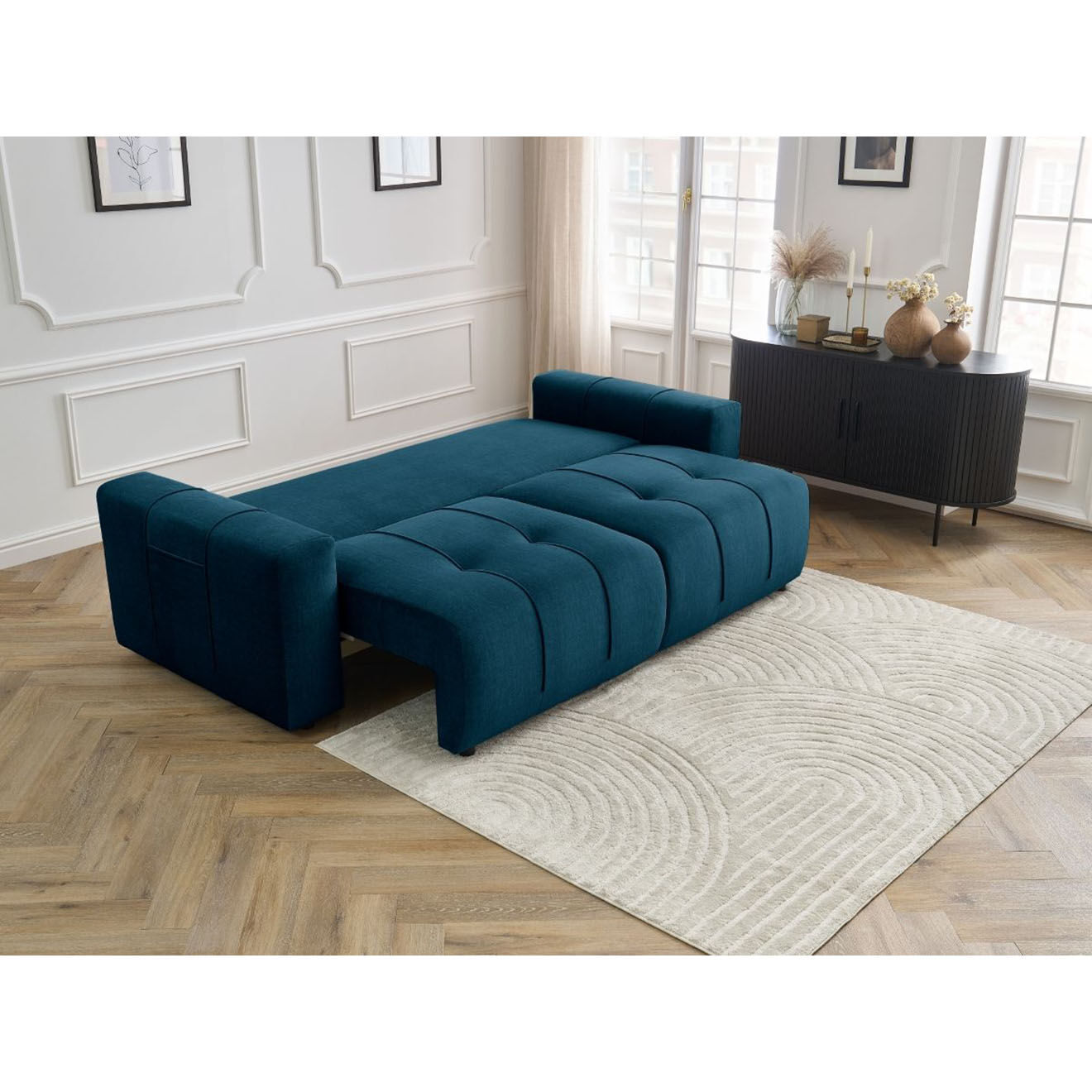 Bobochic Canapé droit convertible en Velours 3 places Arsène avec coffre bleu - 248x105x90 cm