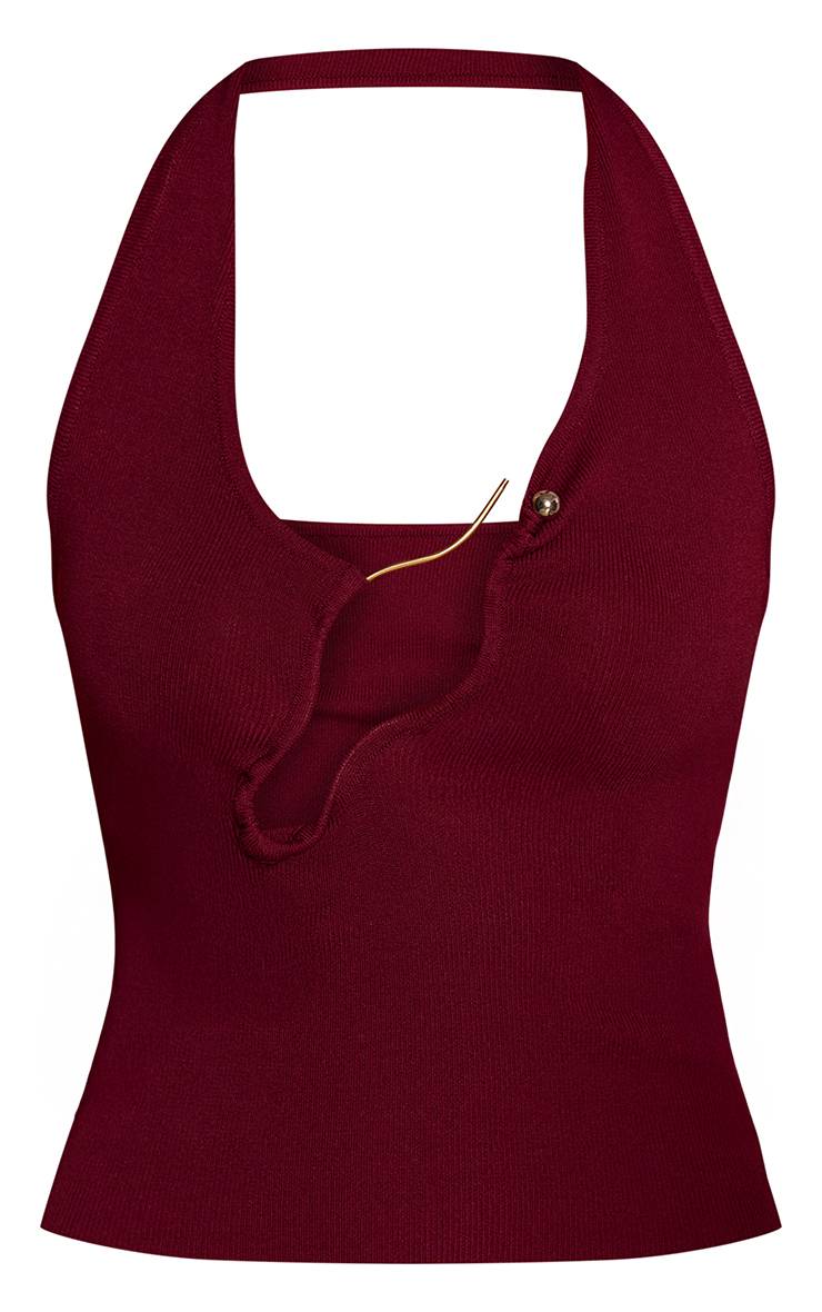 Rouge Bordeaux Haut Court En Maille À Col Licou Avec Découpes Et Finitions Contrastées