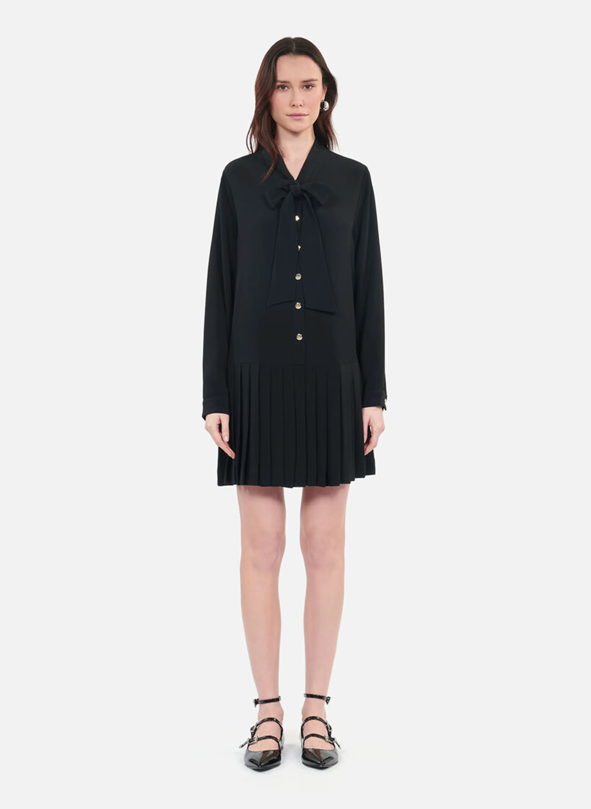 Robe courte droite col lavallière | Noir