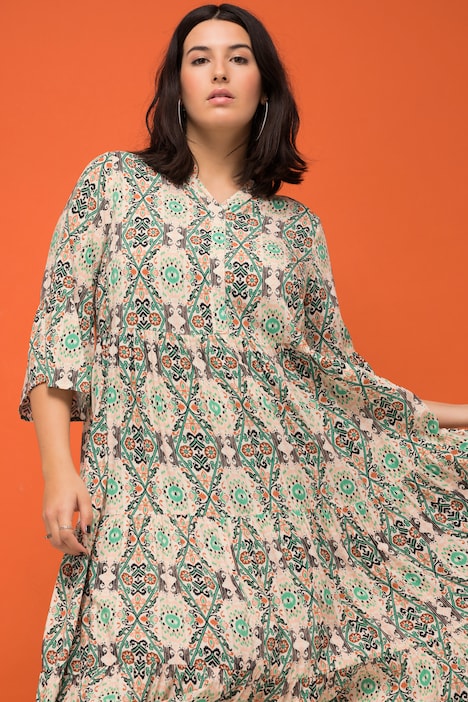 Maxikleid, A-Line, Boho-Print, Tunika-Ausschnitt, 3/4-Ärmel
