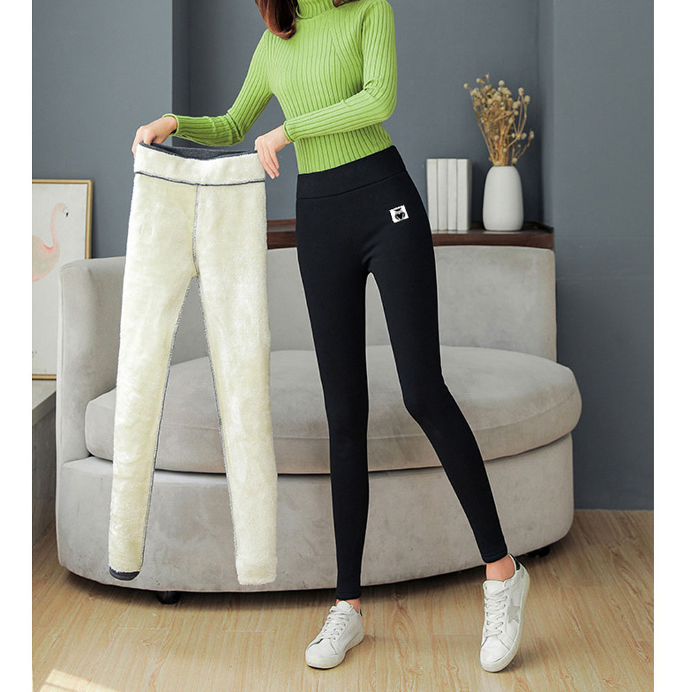 (Gr. S) Flauschige Winter Leggings Gefütterte Fell Hosen mit Innenfleece Extra Dick - Schwarz