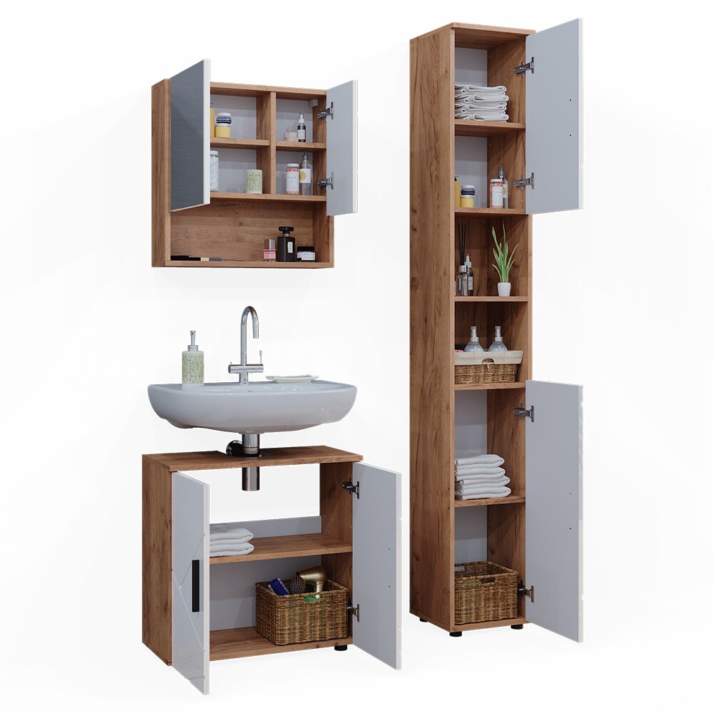 Vicco Badmöbelset Irma Eiche Weiß Hochglanz modern Badezimmerschrank Badschrank Badezimmermöbel Waschtischunterschrank Spiegelschrank Hochschrank Schranktür Schrankfach