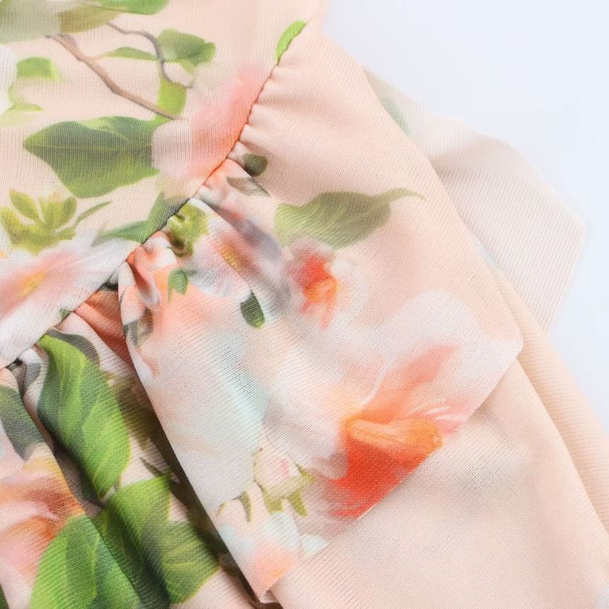 Cumulys - Spaghettibandjes bloemenprint ruches asymmetrische midi-jurk