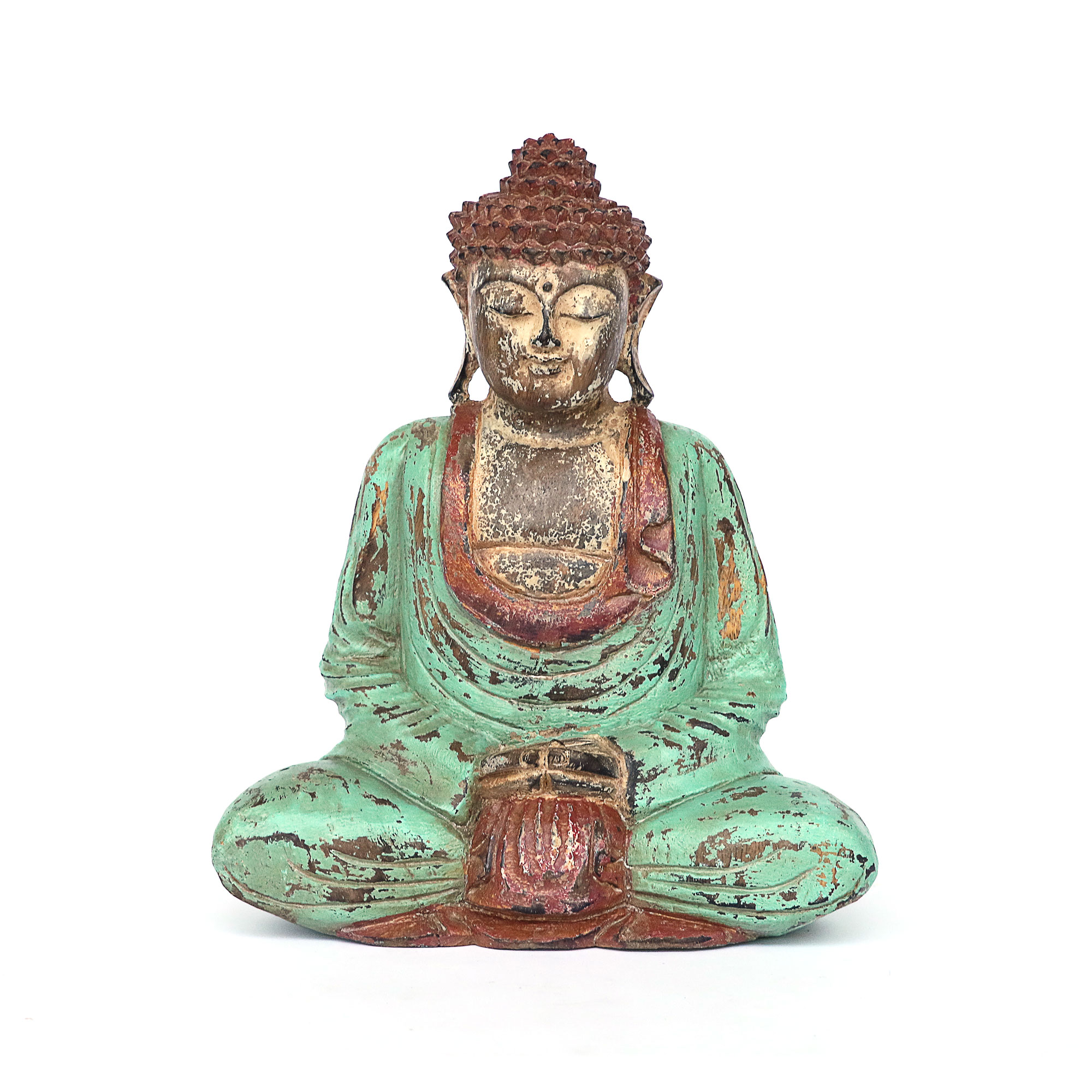 Holzfigur 'Meditierender Buddha', türkis, H 30 cm, B 25 cm, L 13 cm von fischer's lagerhaus