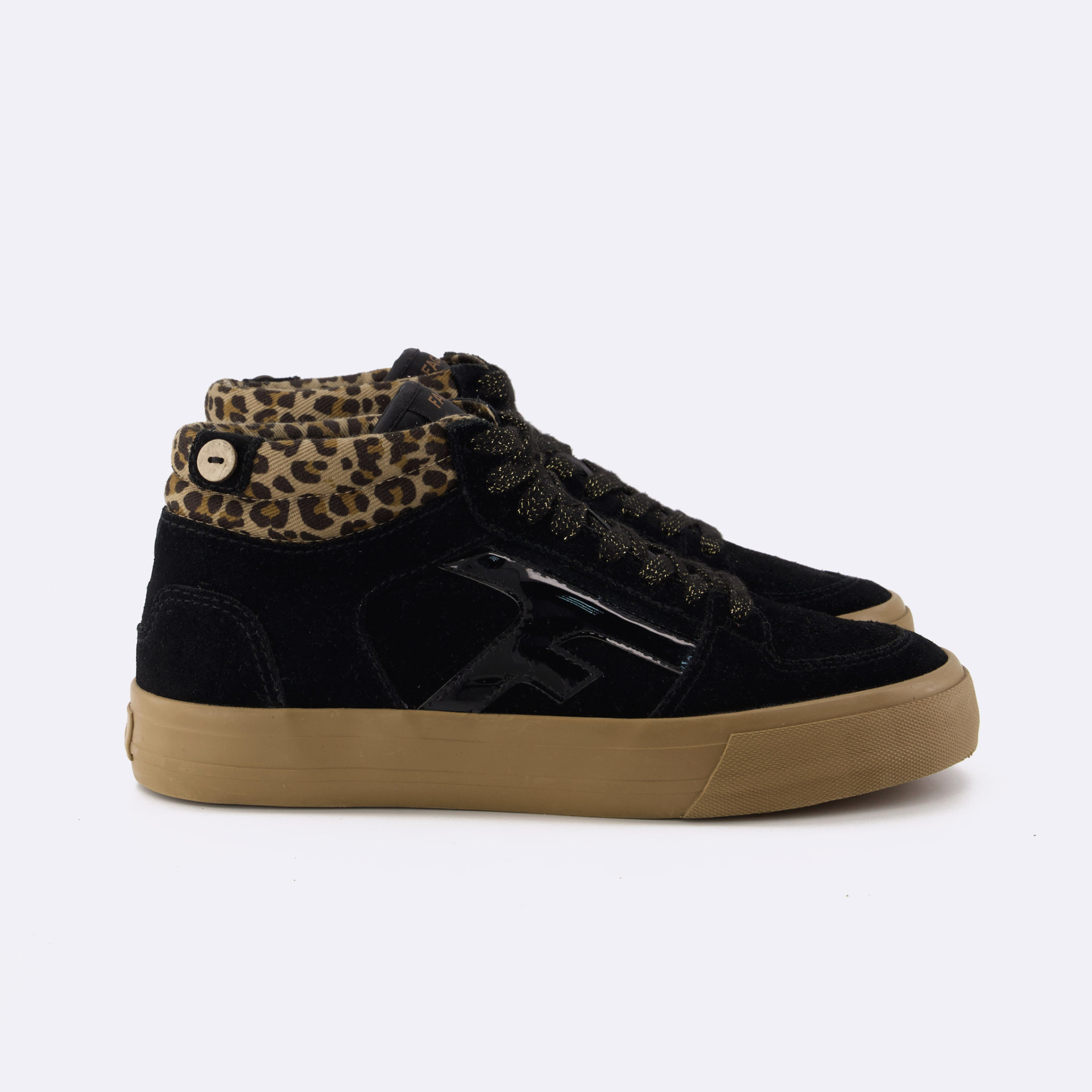 Tennis noire & léopard suède et coton recyclé - modèle Walnut mid