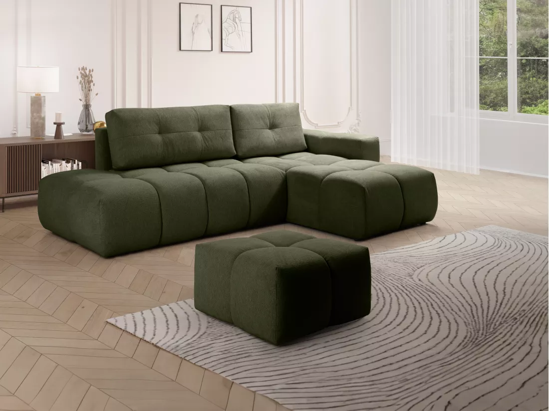 Pouf carré en tissu texturé vert TRIMALDI