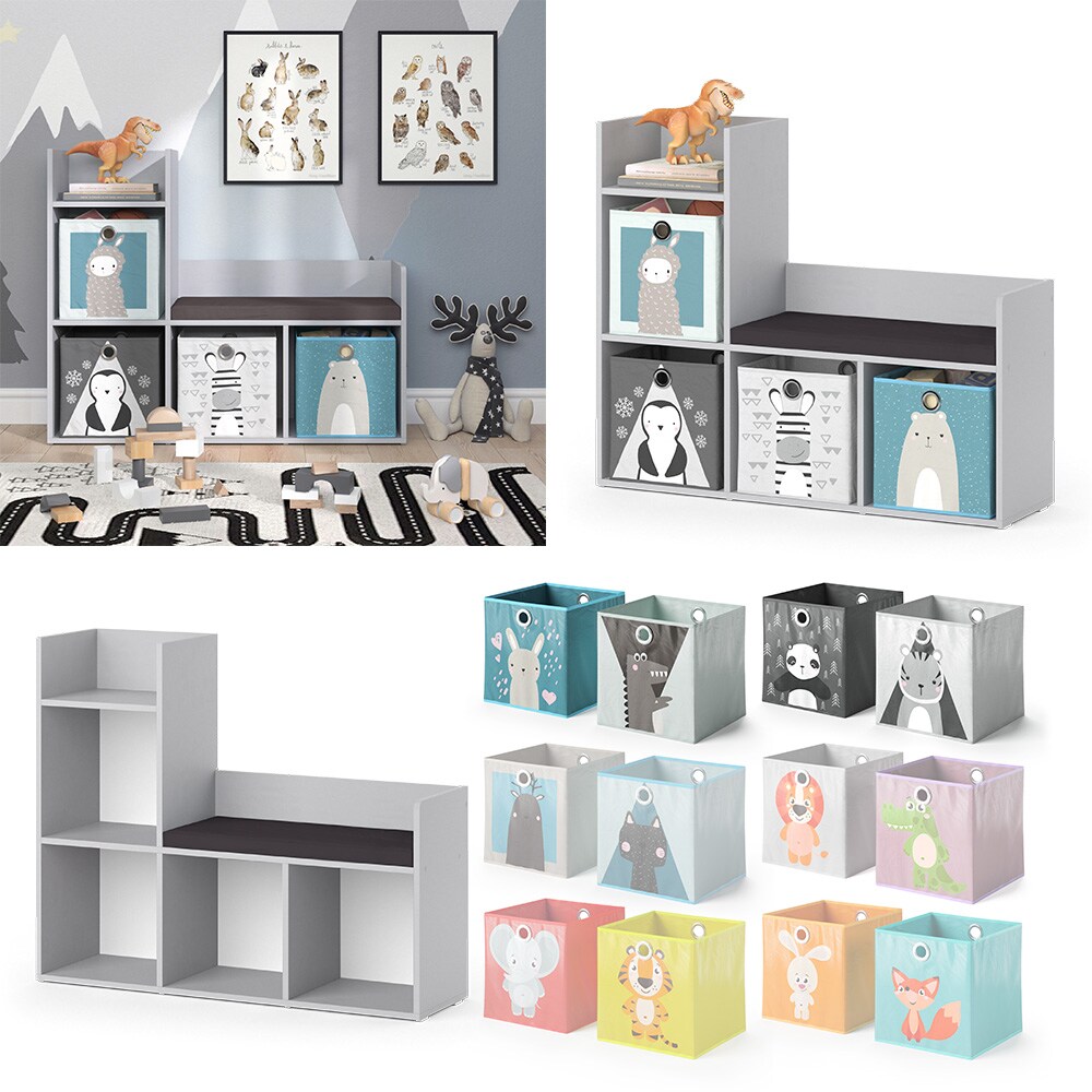 Vicco Bank-Regal Bücherregal Kinderregal Luigi Hellgrau 107x89 cm modern Faltbox Sitzbank Kinderzimmer Regal Wandregal Spielzeugregal Dekoregal Standregal Aufbewahrung Würfelregal Regal-Bank-Kombi