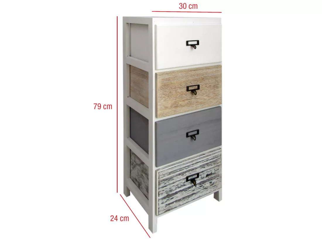 Commode 4 Tiroirs Bois Blanc Beige Gris Monté 79x30x24