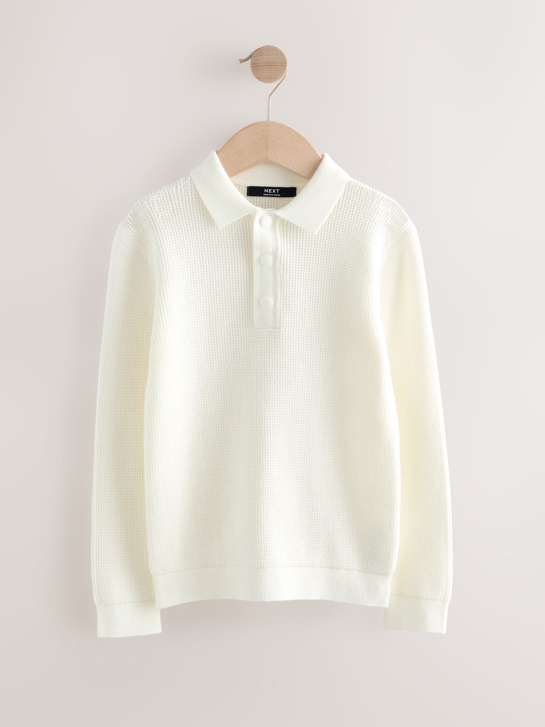 Ecru-crème - Poloshirt met textuur en lange mouwen (3-16jr)