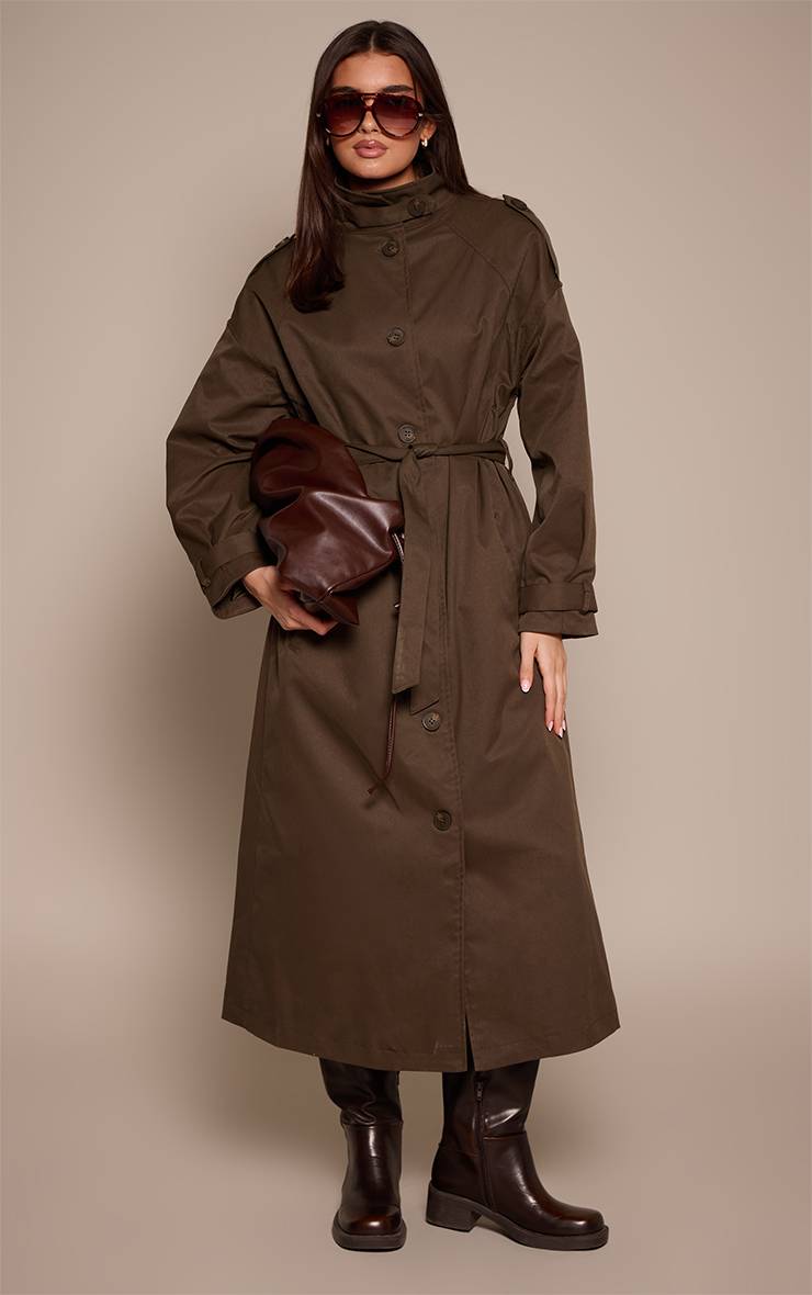 Dark Khaki Trench-coat À Col Montant
