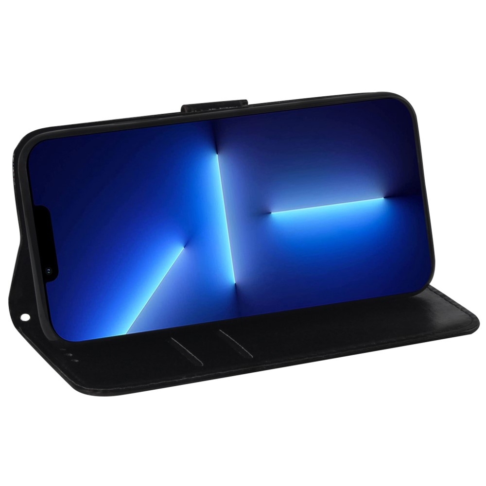 iPhone 14 Pro Leder Tasche Wallet mit Flower Laser Hologramm - Blau