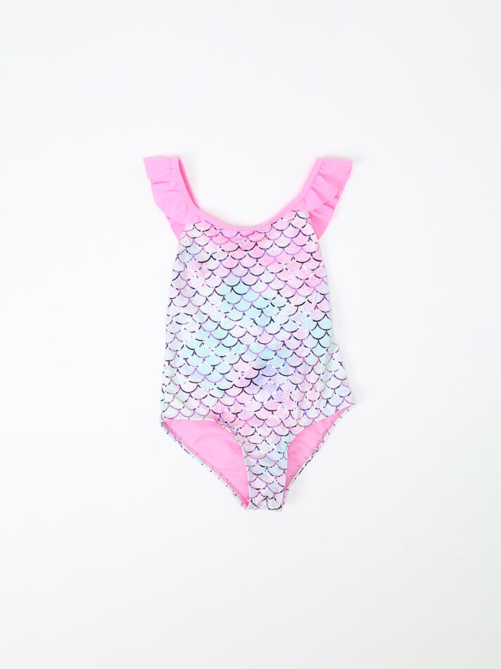 Conjunto de maiô e scrunchie com estampa de sereia - Rosa