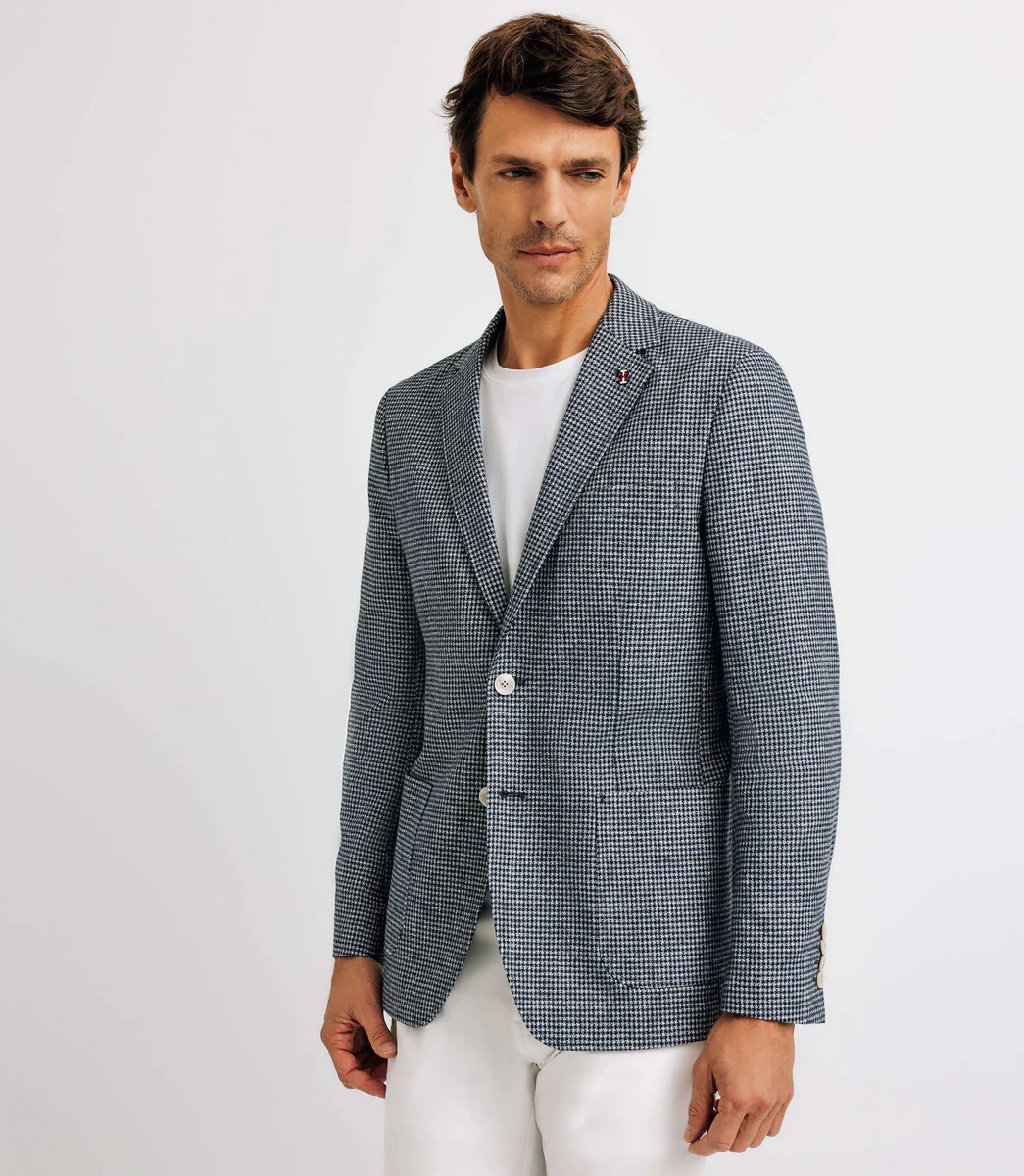 Veste casual en lin motif pied de poule marine