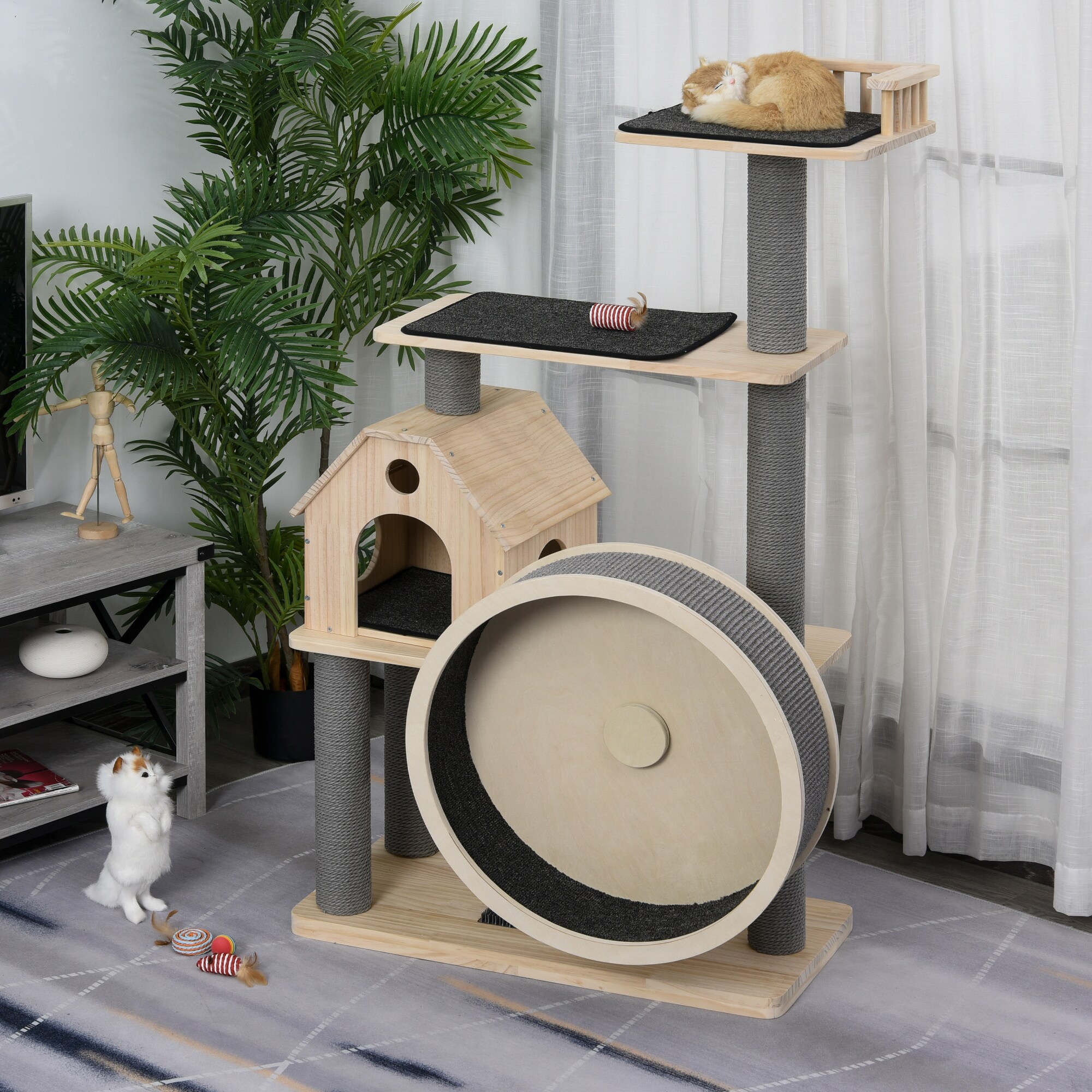 PawHut Kratzbaum mit Laufrad natur 80 x 40 x 148 cm (BxTxH)