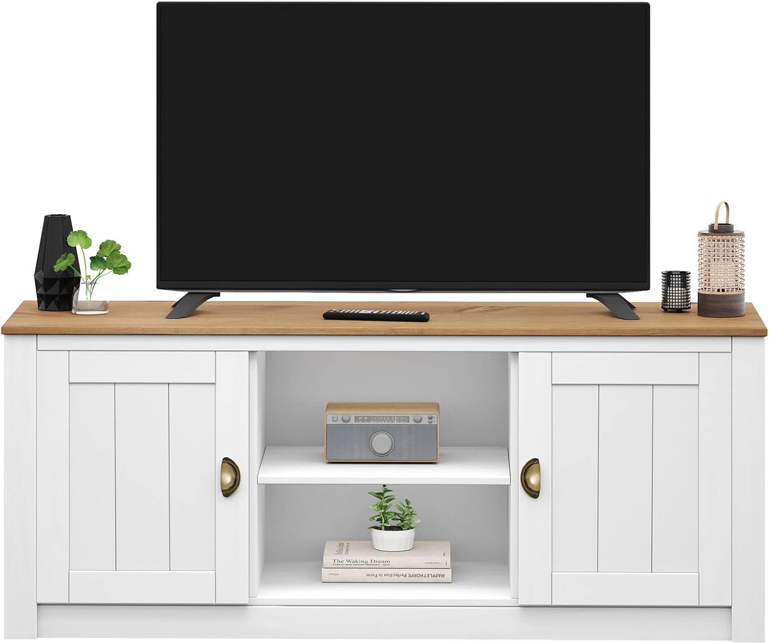 IDIMEX TV Lowboard Bolton aus Kiefer Massivholz, TV Bank im Landhausstil mit 2 Türen und Muschelgriffen, Lowboard aus Kiefer, Massivholz lackiert in weiß/braun