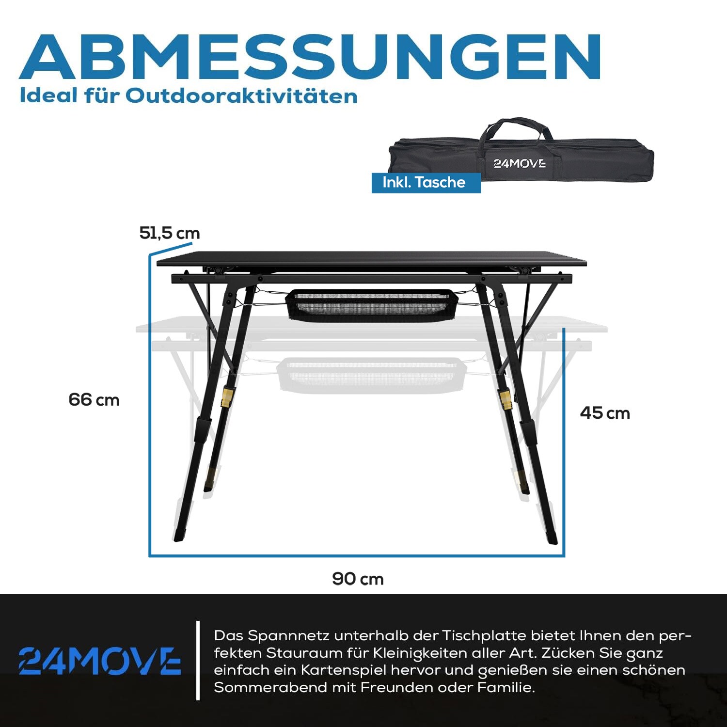 24MOVE® Campingtisch Klapptisch mit Aluminiumrahmen, Tischplatte aufrollbar, Falttisch klappbar, höhenverstellbar, inkl. Tragetasche - bis 30 kg, Anthrazitgrau