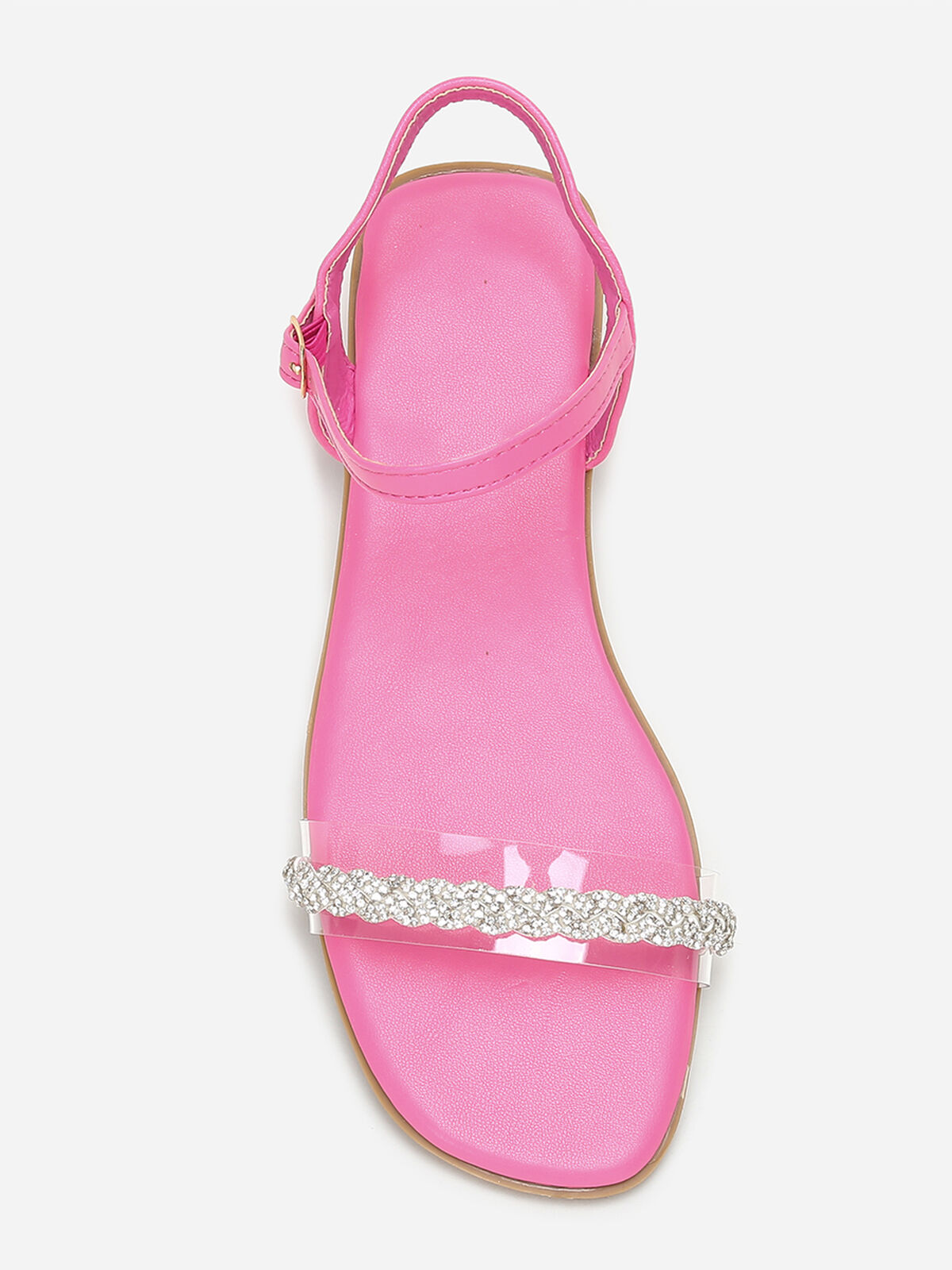 Sandales plates à bride transparente et strass- Fuchsia