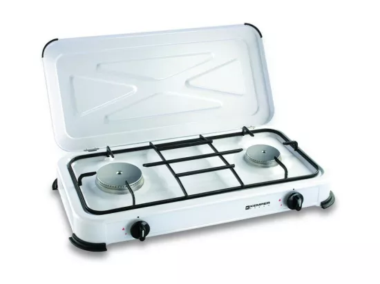 Réchaud gaz portable 2 feux 2600W Blanc laqué Couvercle Plaque de cuisson KEMPER
